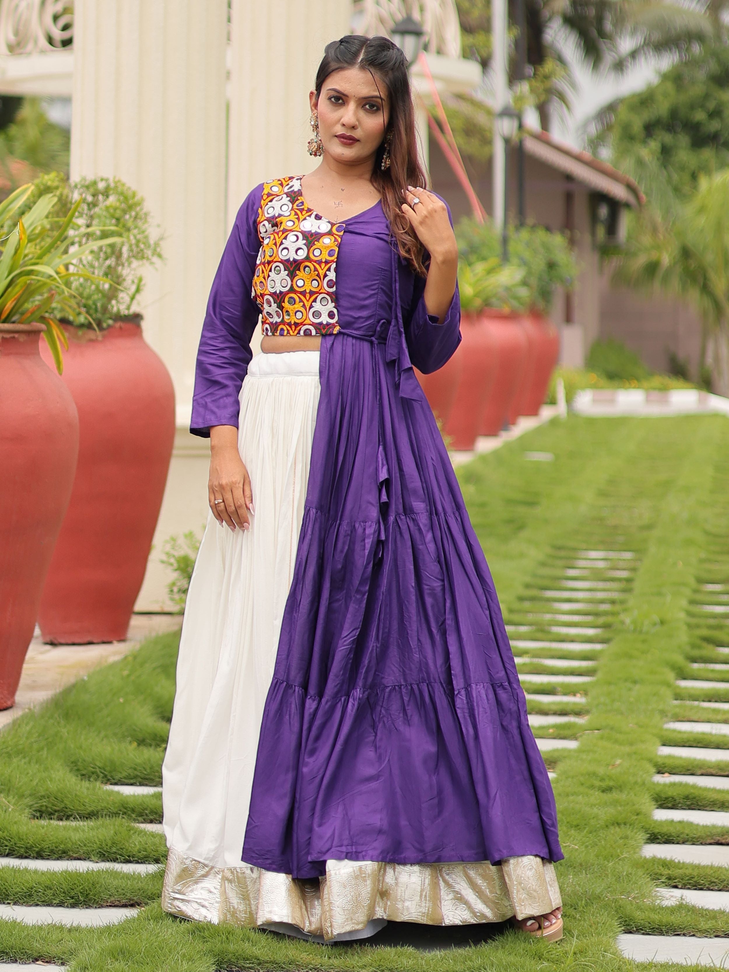 Purple cotton gamthi work lehenga choli with mirror embroidery crop top