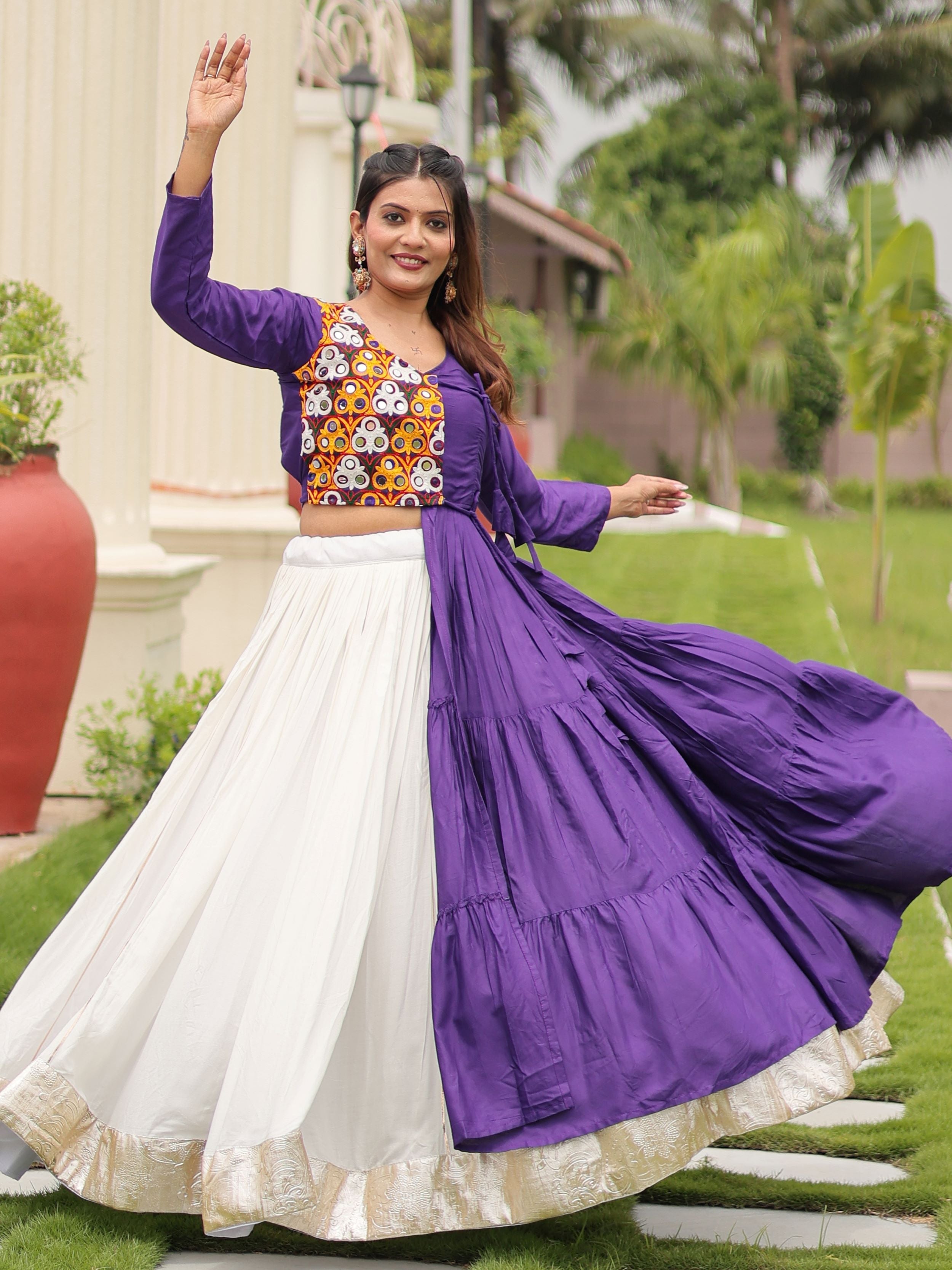 Purple cotton gamthi work lehenga choli with mirror embroidery crop top
