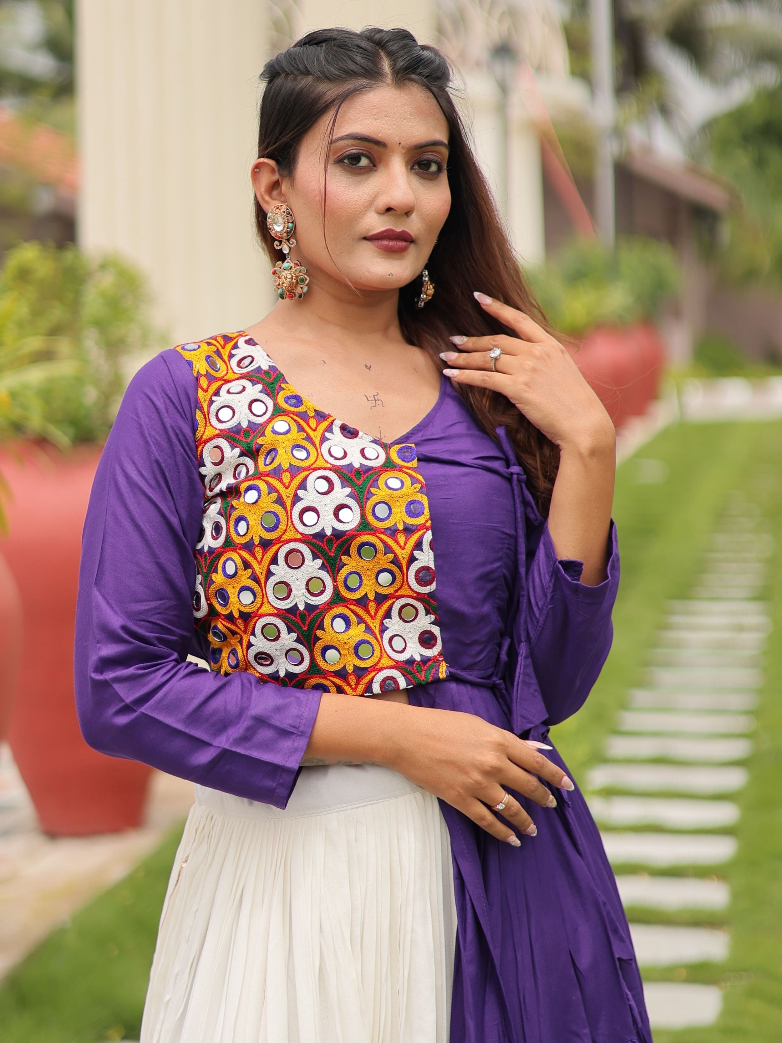 Purple cotton gamthi work lehenga choli with mirror embroidery crop top