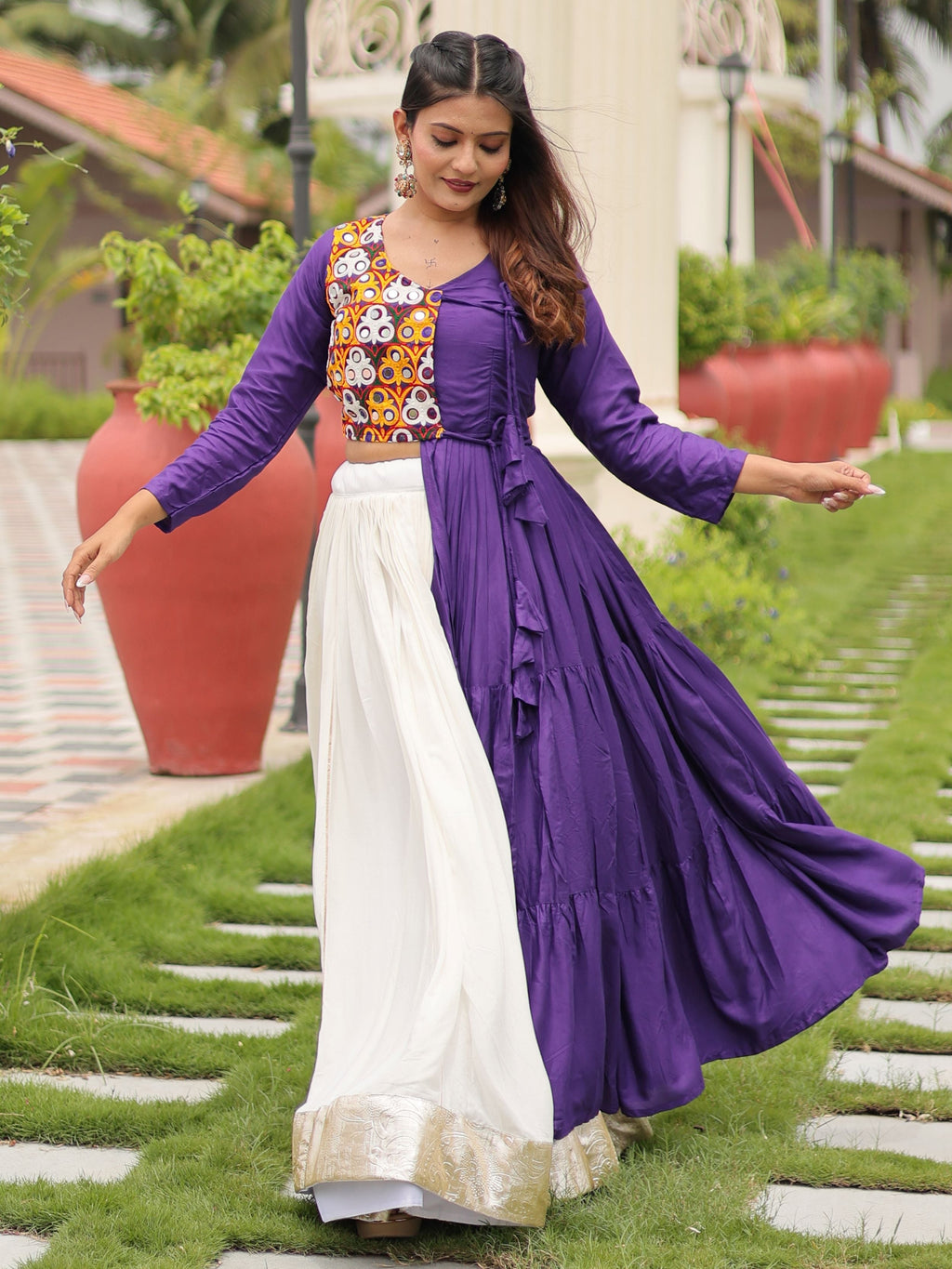 Purple cotton gamthi work lehenga choli with mirror embroidery crop top