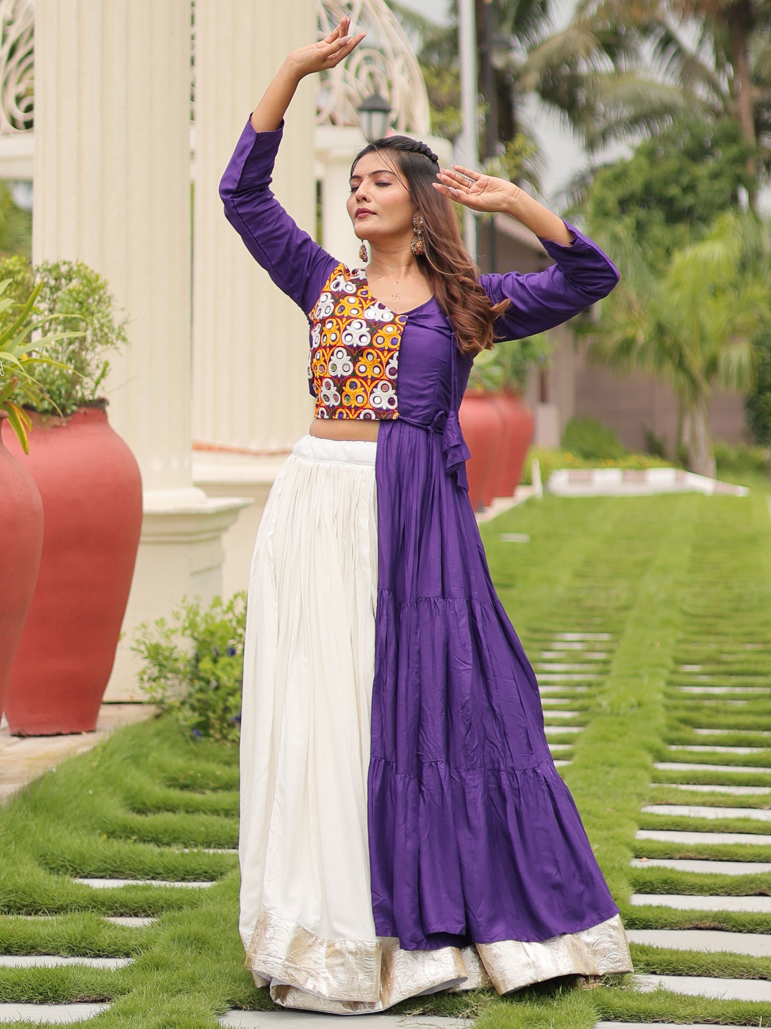 Purple cotton gamthi work lehenga choli with mirror embroidery crop top