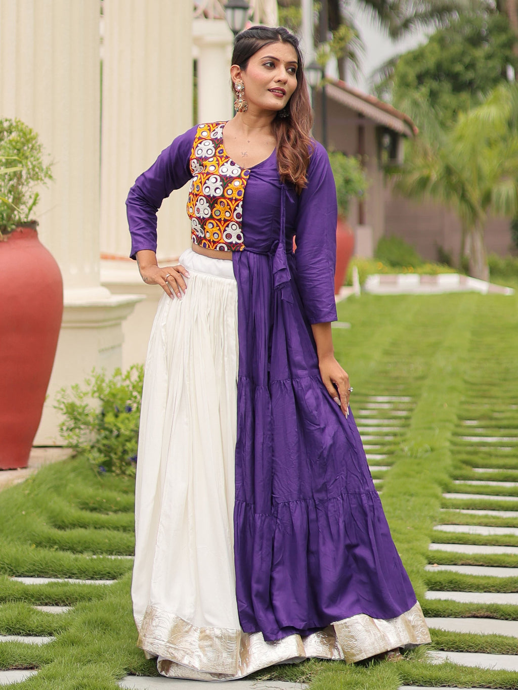 Purple cotton gamthi work lehenga choli with mirror embroidery crop top