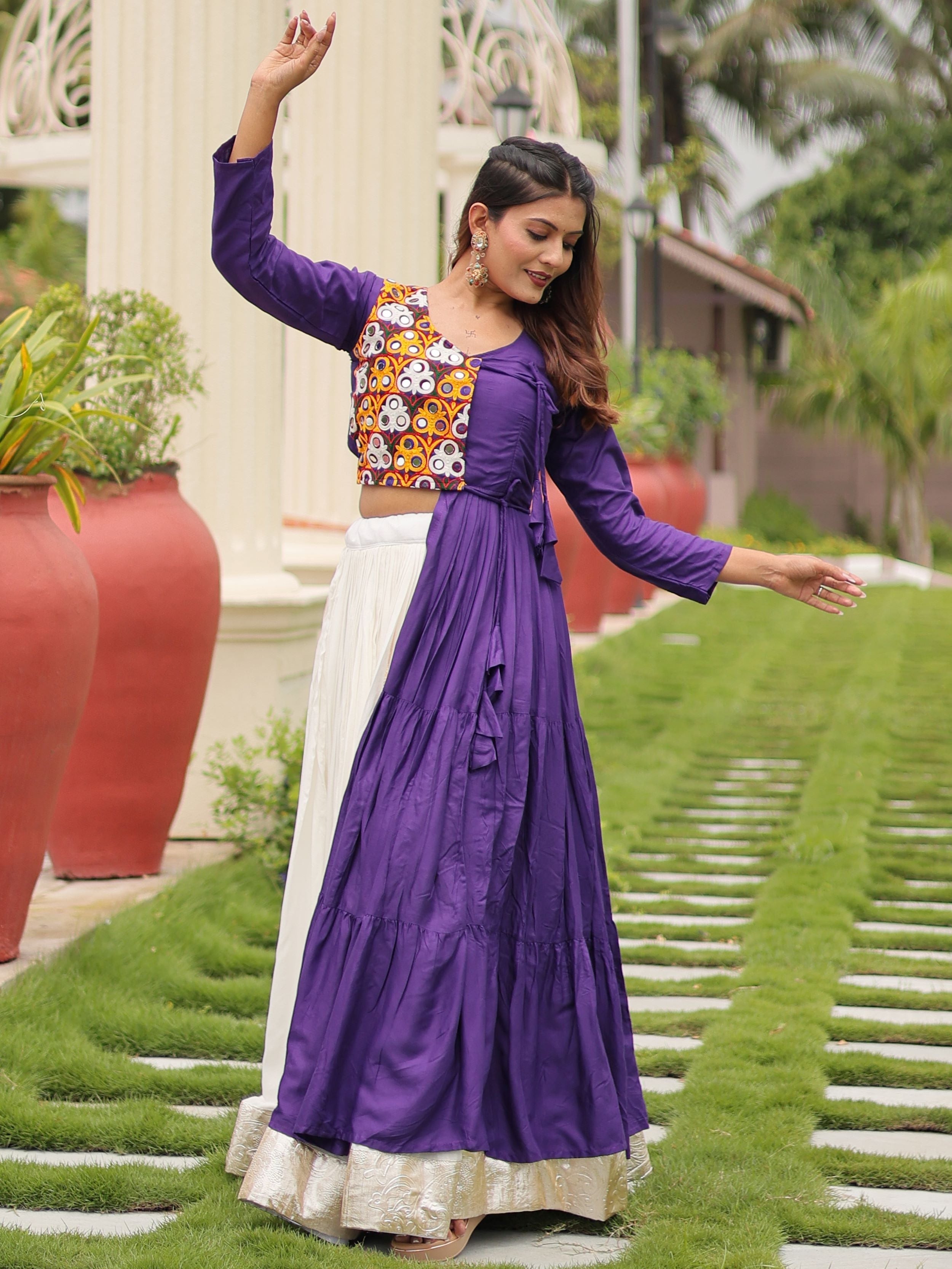 Purple cotton gamthi work lehenga choli with mirror embroidery crop top
