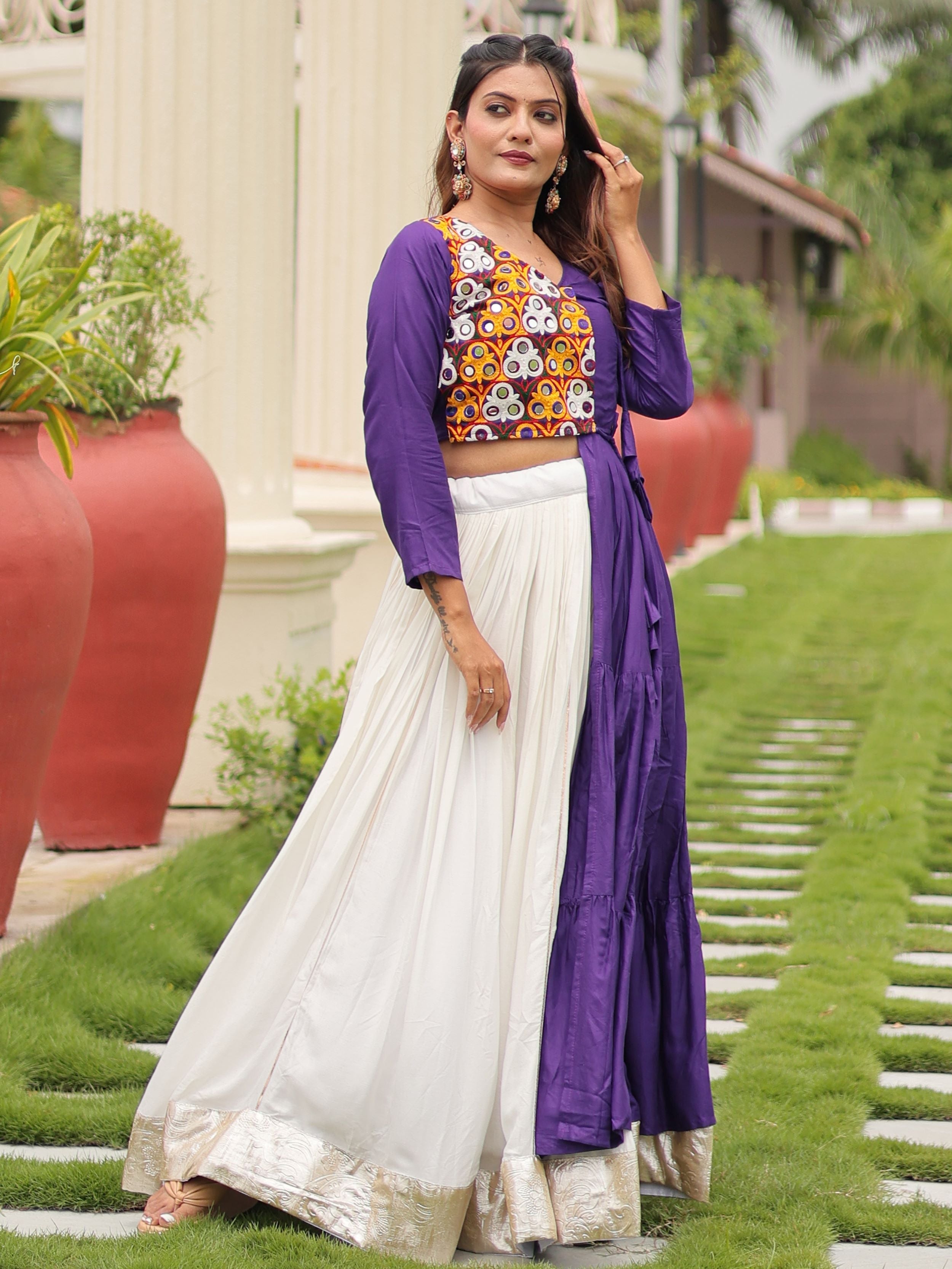 Purple cotton gamthi work lehenga choli with mirror embroidery crop top
