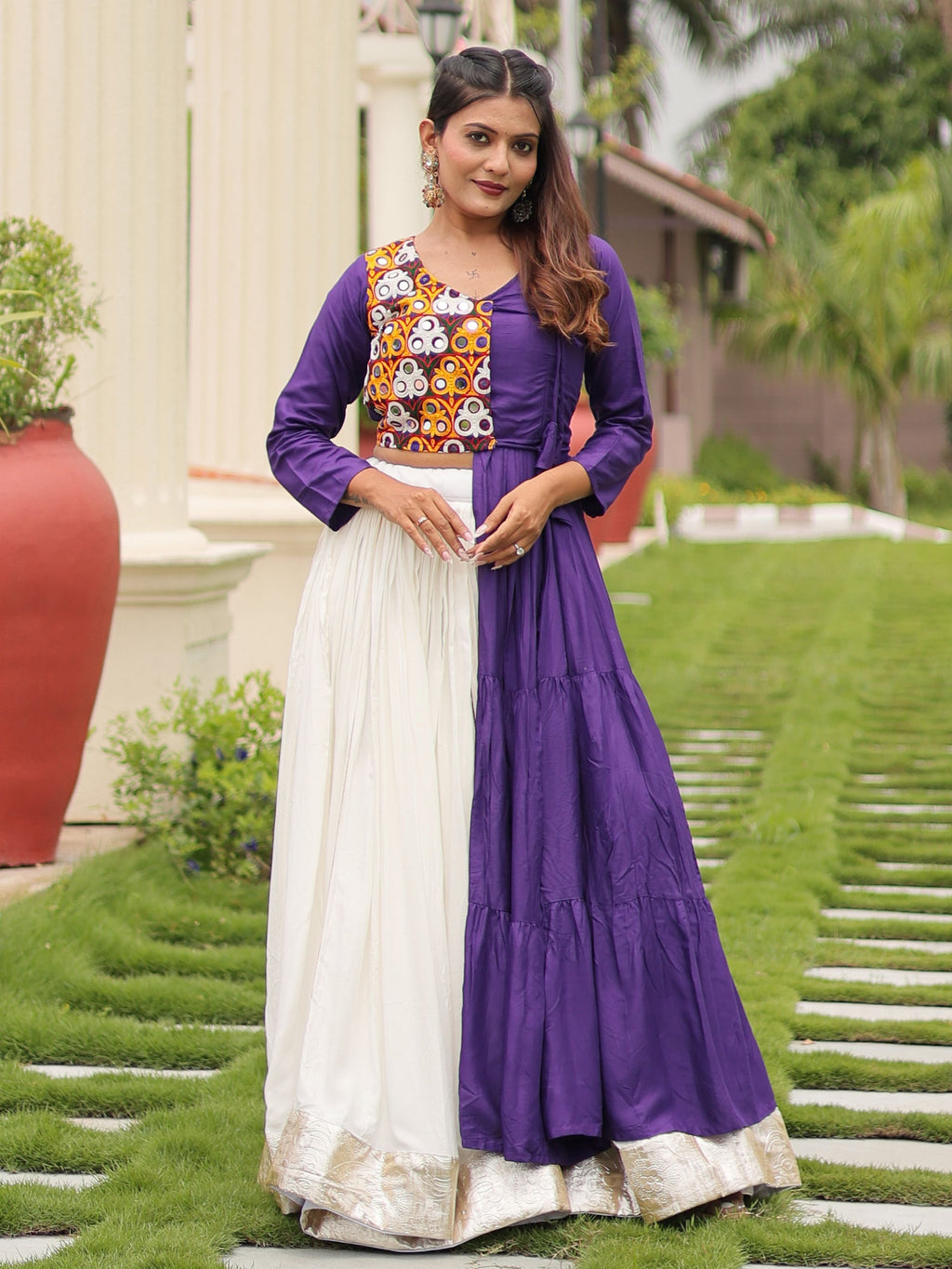 Purple cotton gamthi work lehenga choli with mirror embroidery crop top