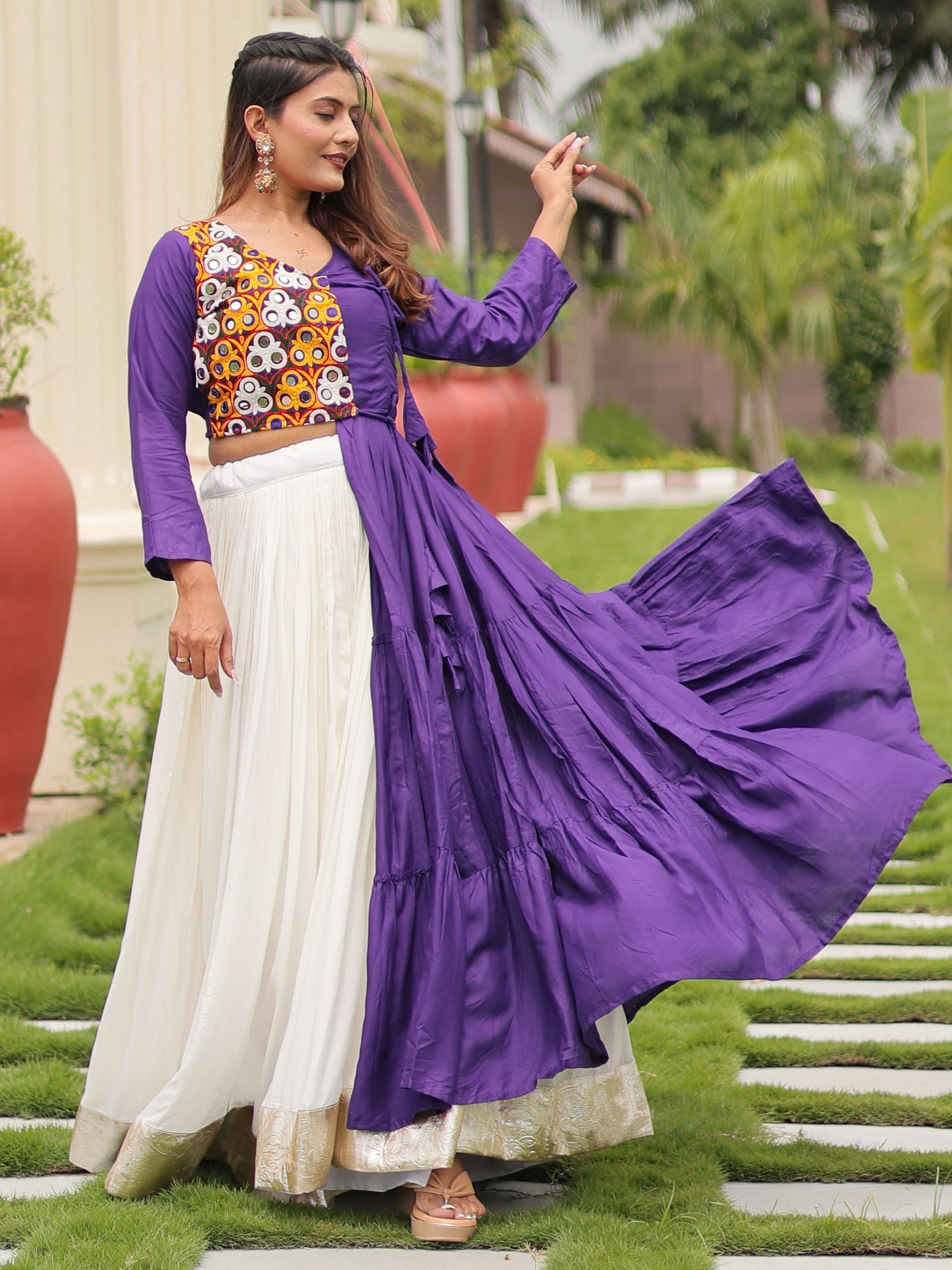 Purple cotton gamthi work lehenga choli with mirror embroidery crop top