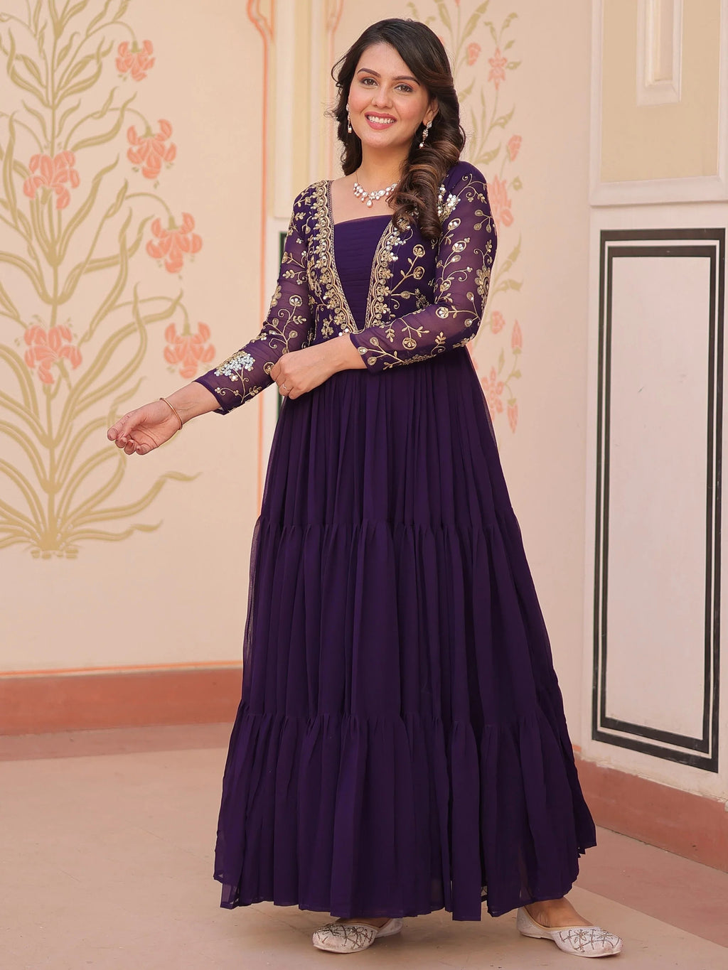 Purple faux blooming embroidered sequins zari work gown