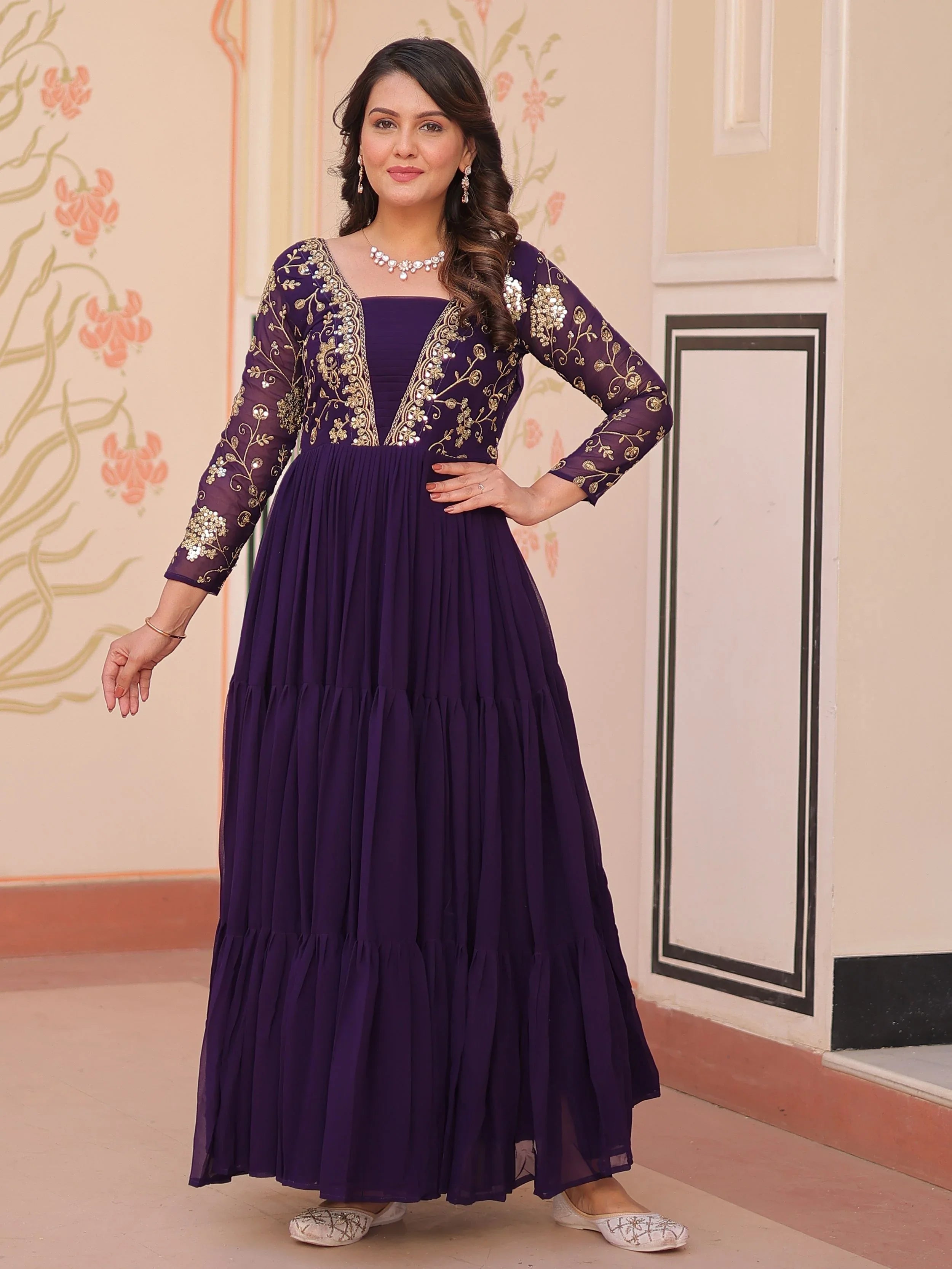 Purple faux blooming embroidered sequins zari work gown