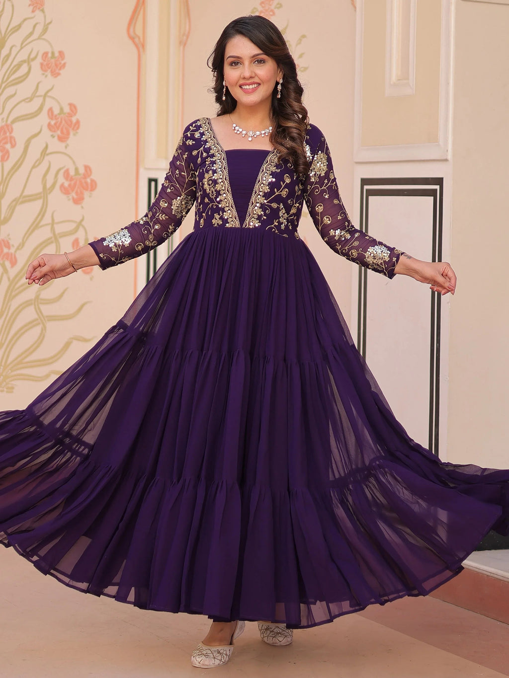 Purple faux blooming embroidered sequins zari work gown