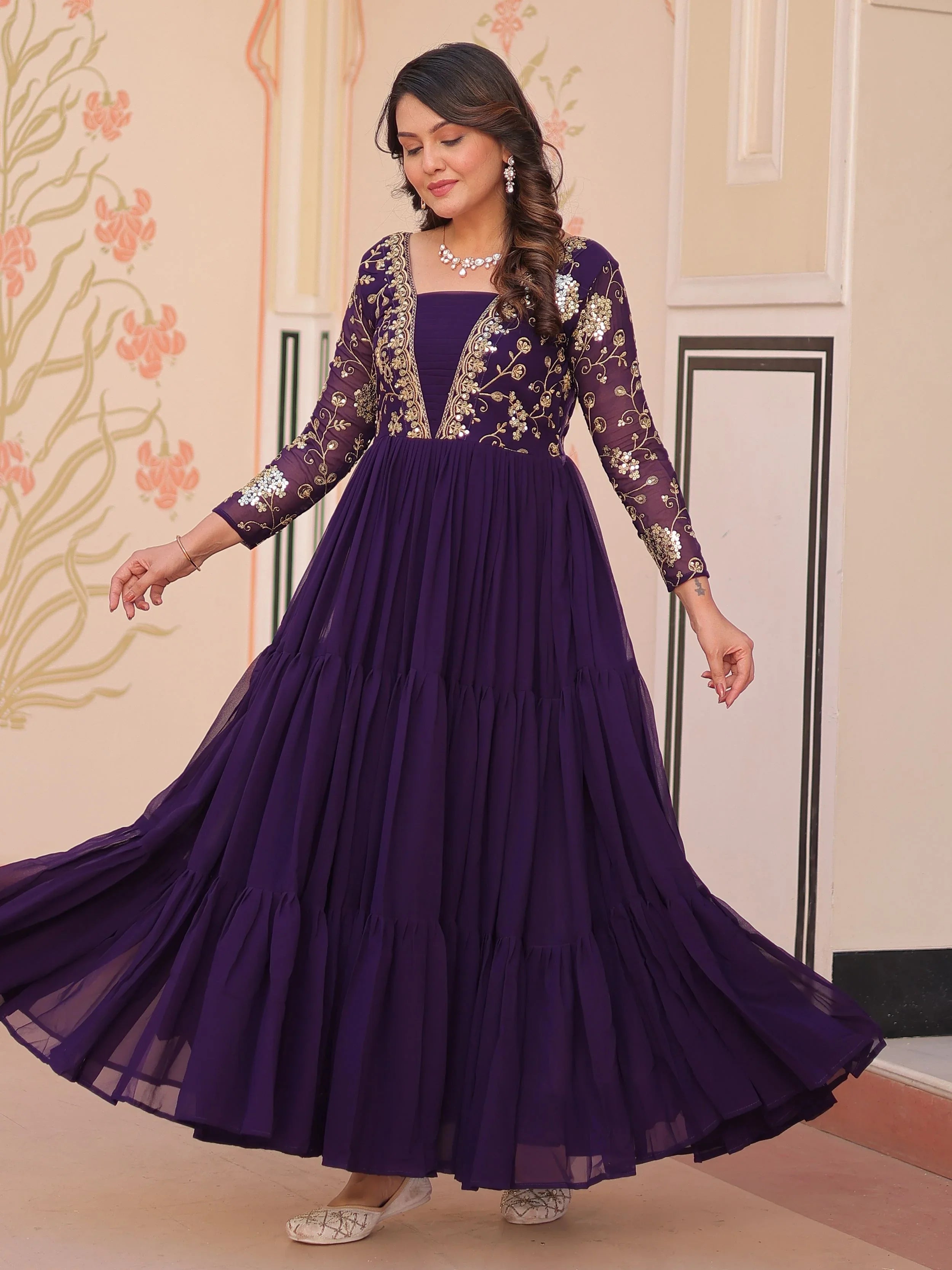 Purple faux blooming embroidered sequins zari work gown