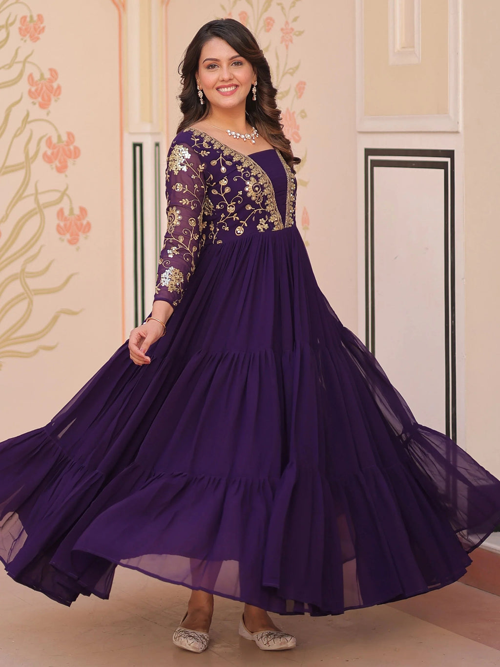 Purple faux blooming embroidered sequins zari work gown