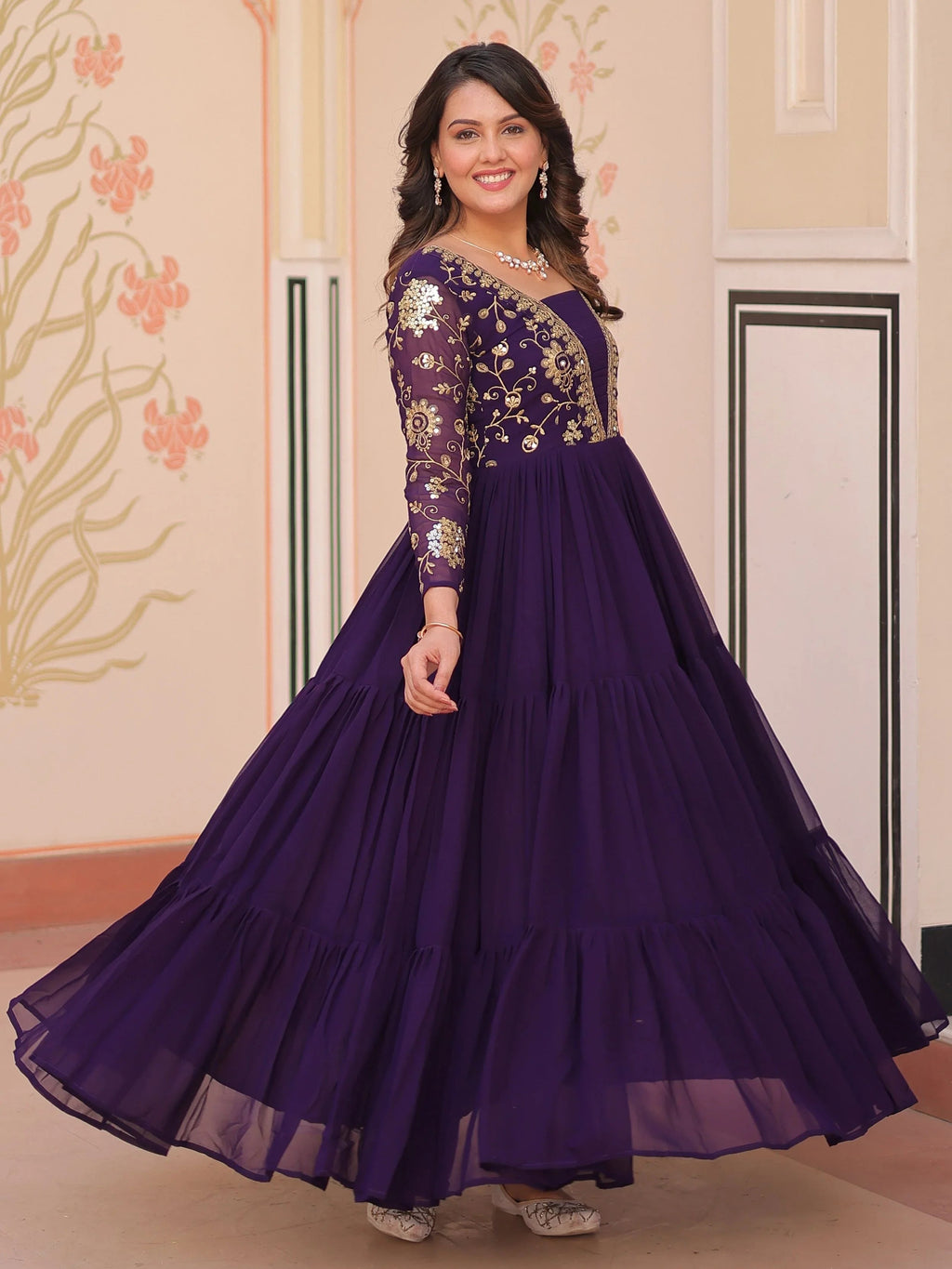 Purple faux blooming embroidered sequins zari work gown