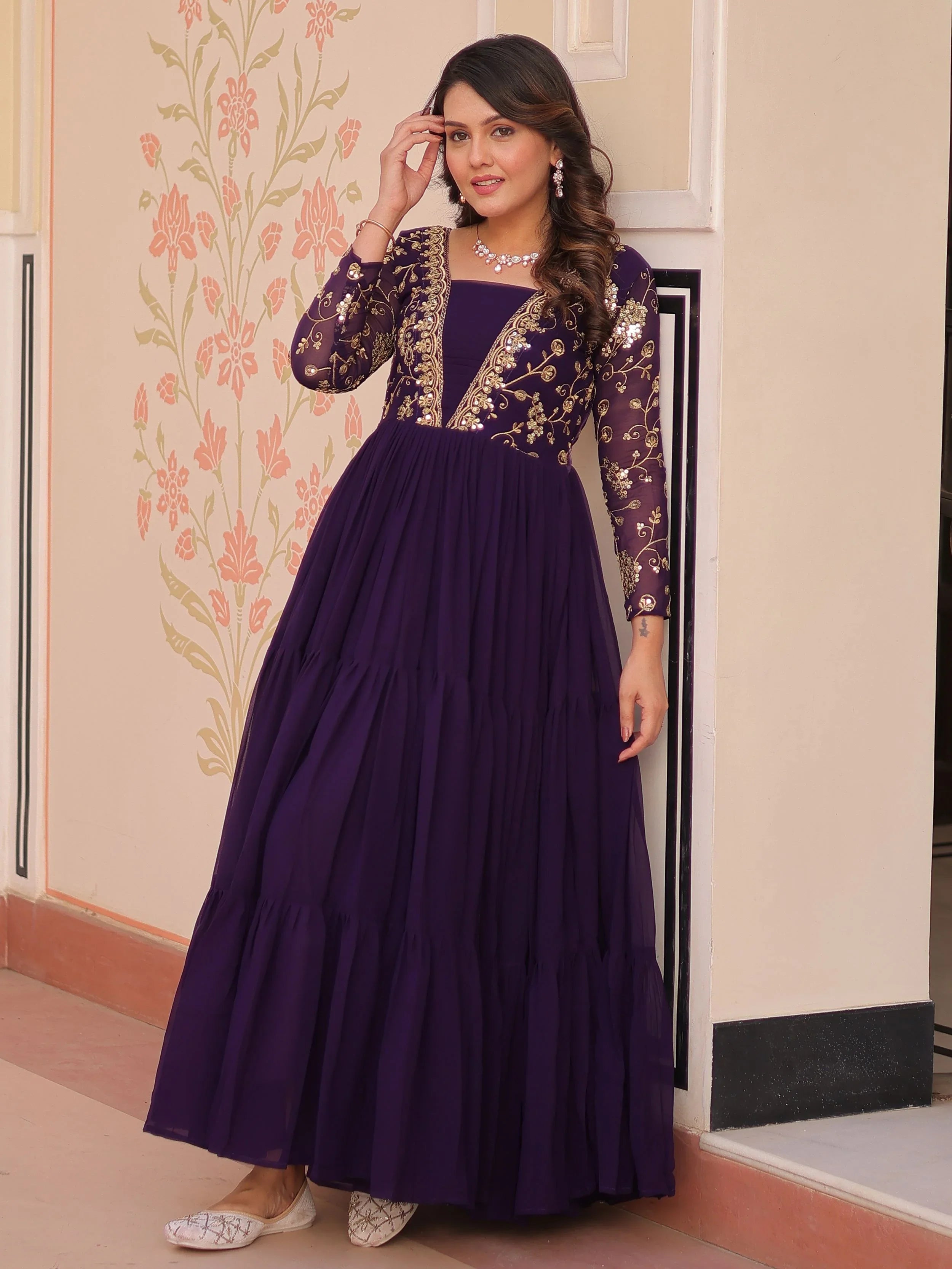 Purple faux blooming embroidered sequins zari work gown