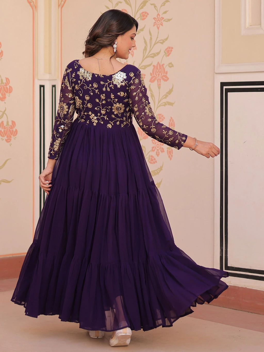 Purple faux blooming embroidered sequins zari work gown