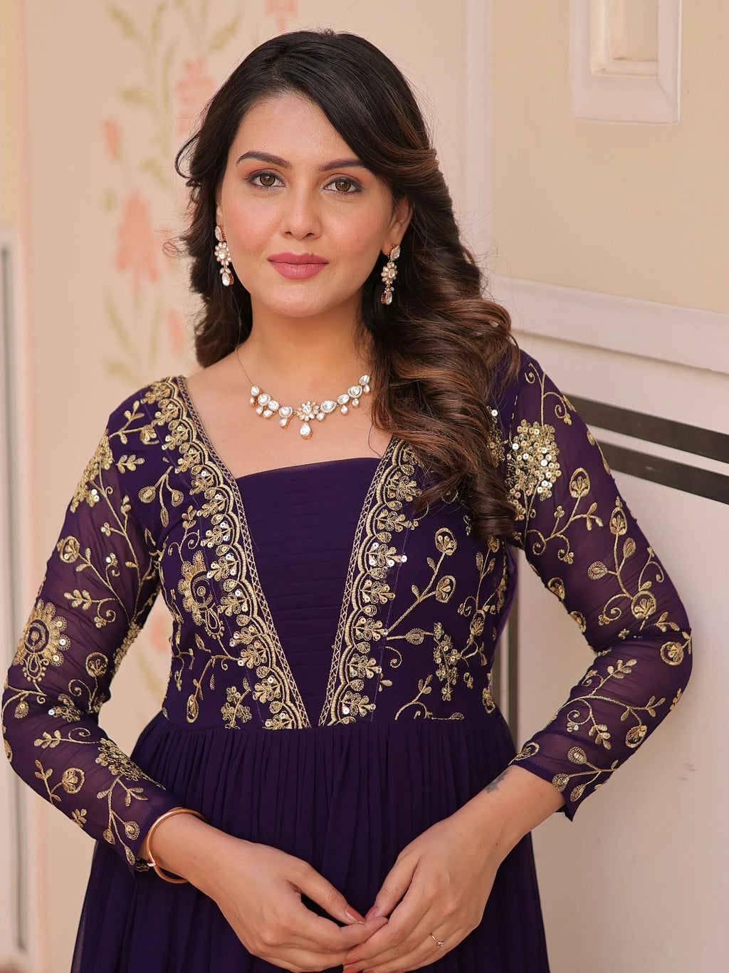Purple faux blooming embroidered sequins zari work gown