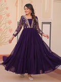 Purple faux blooming embroidered sequins zari work gown