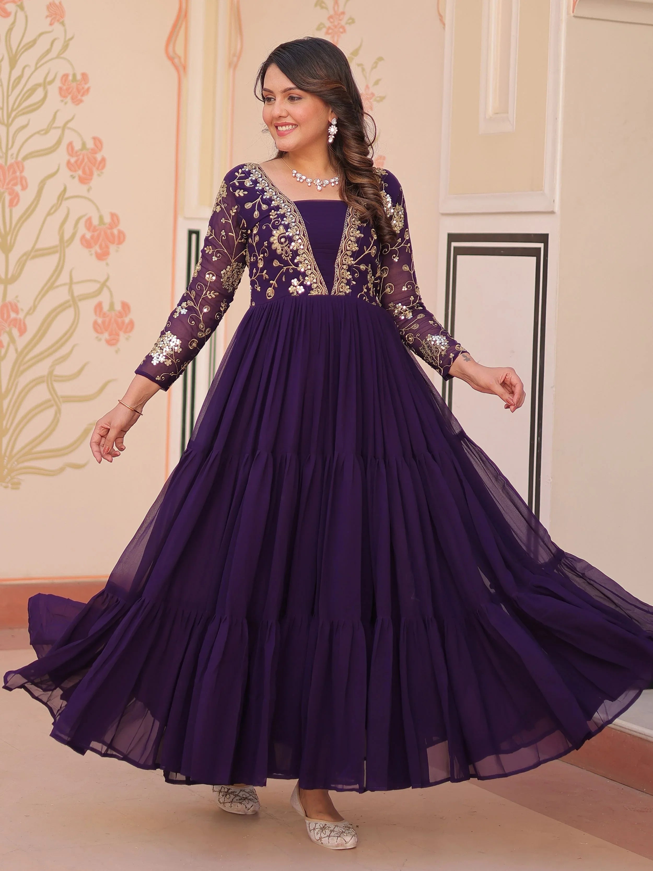 Purple faux blooming embroidered sequins zari work gown