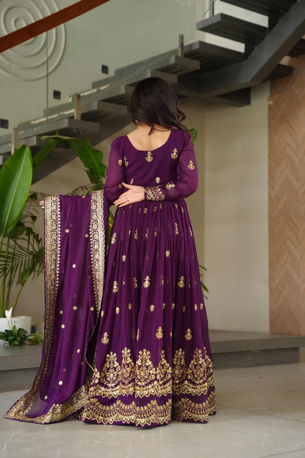 Rishita purple faux blooming zari sequins embroidered gown with dupatta