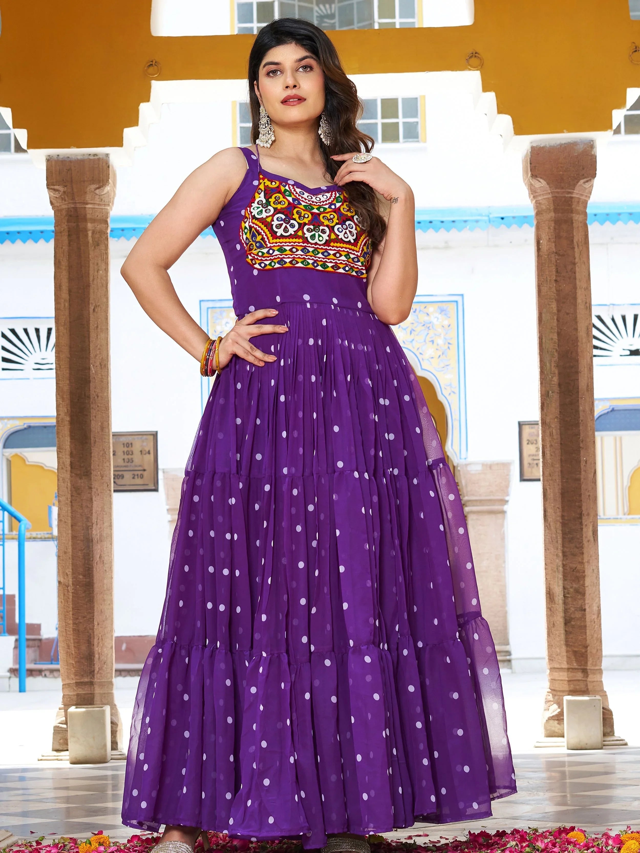 Purple Bandhani print gown with real mirror and Gamthi embroidery