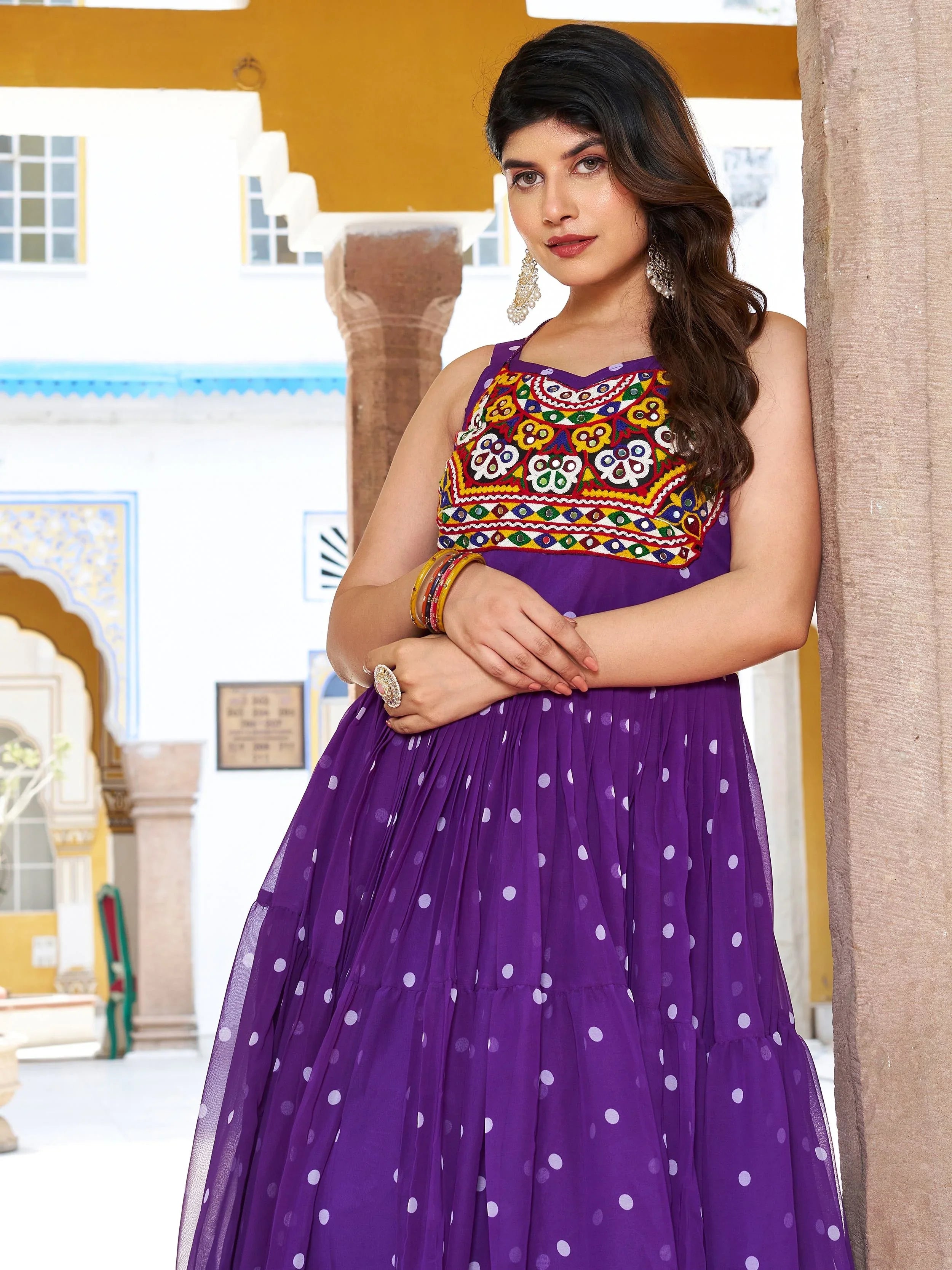Purple Bandhani print gown with real mirror and Gamthi embroidery