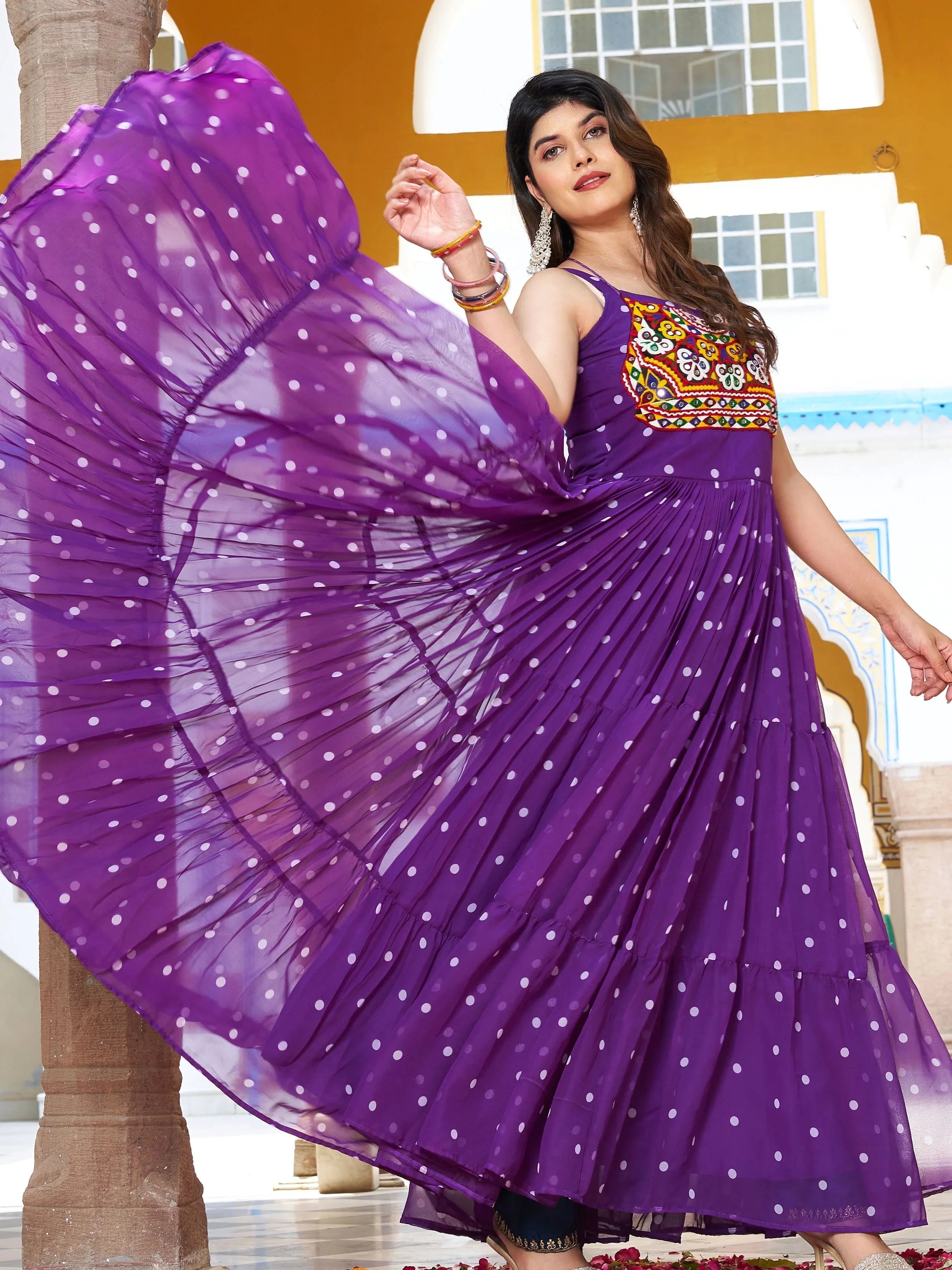 Purple Bandhani print gown with real mirror and Gamthi embroidery