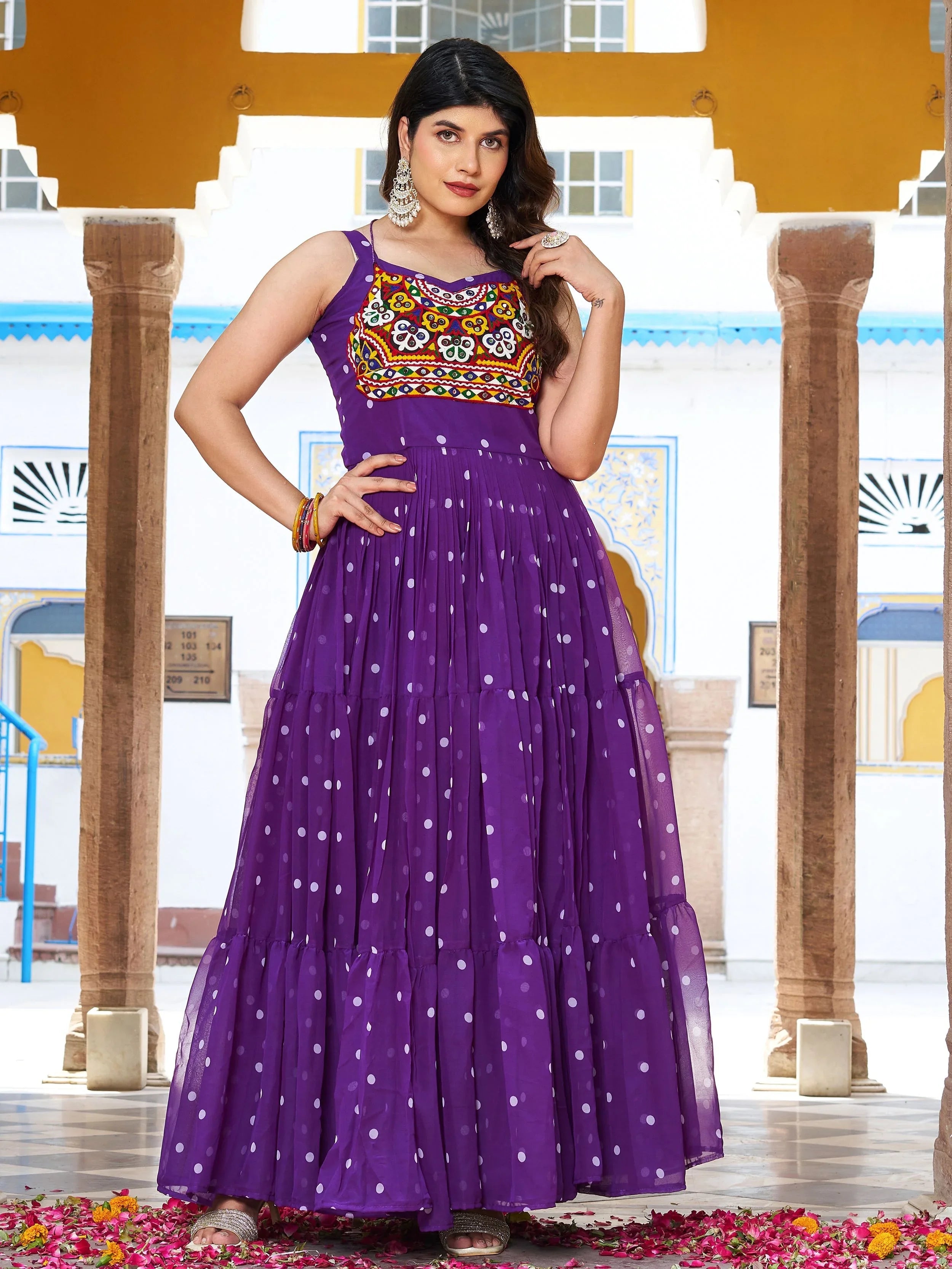 Purple Bandhani print gown with real mirror and Gamthi embroidery
