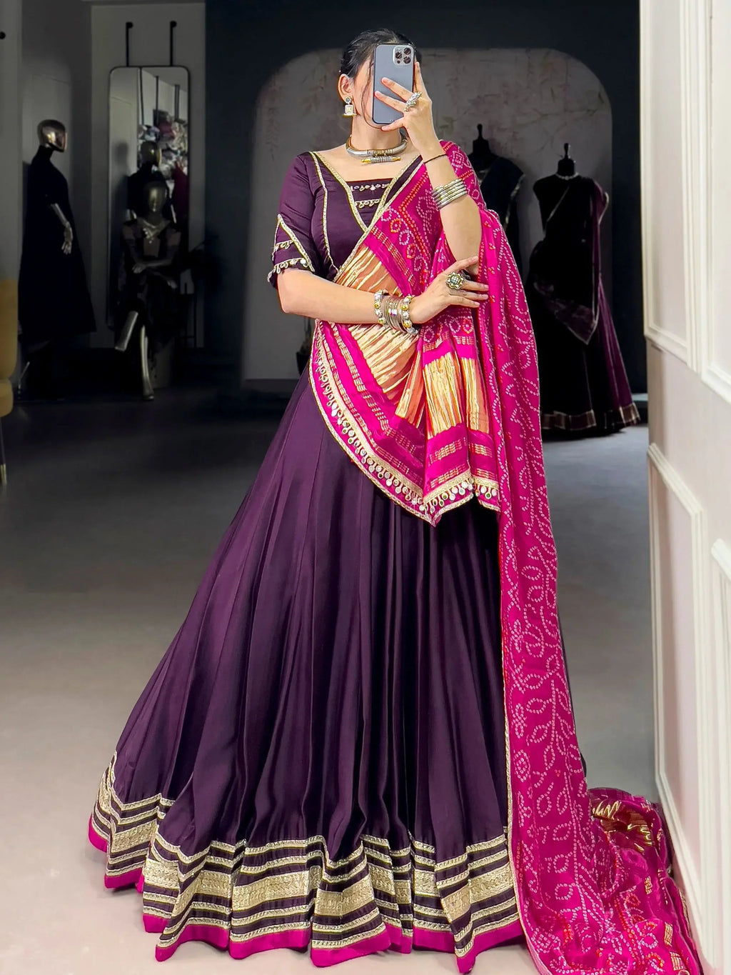 Purple georgette silk lace work lehenga choli with dupatta