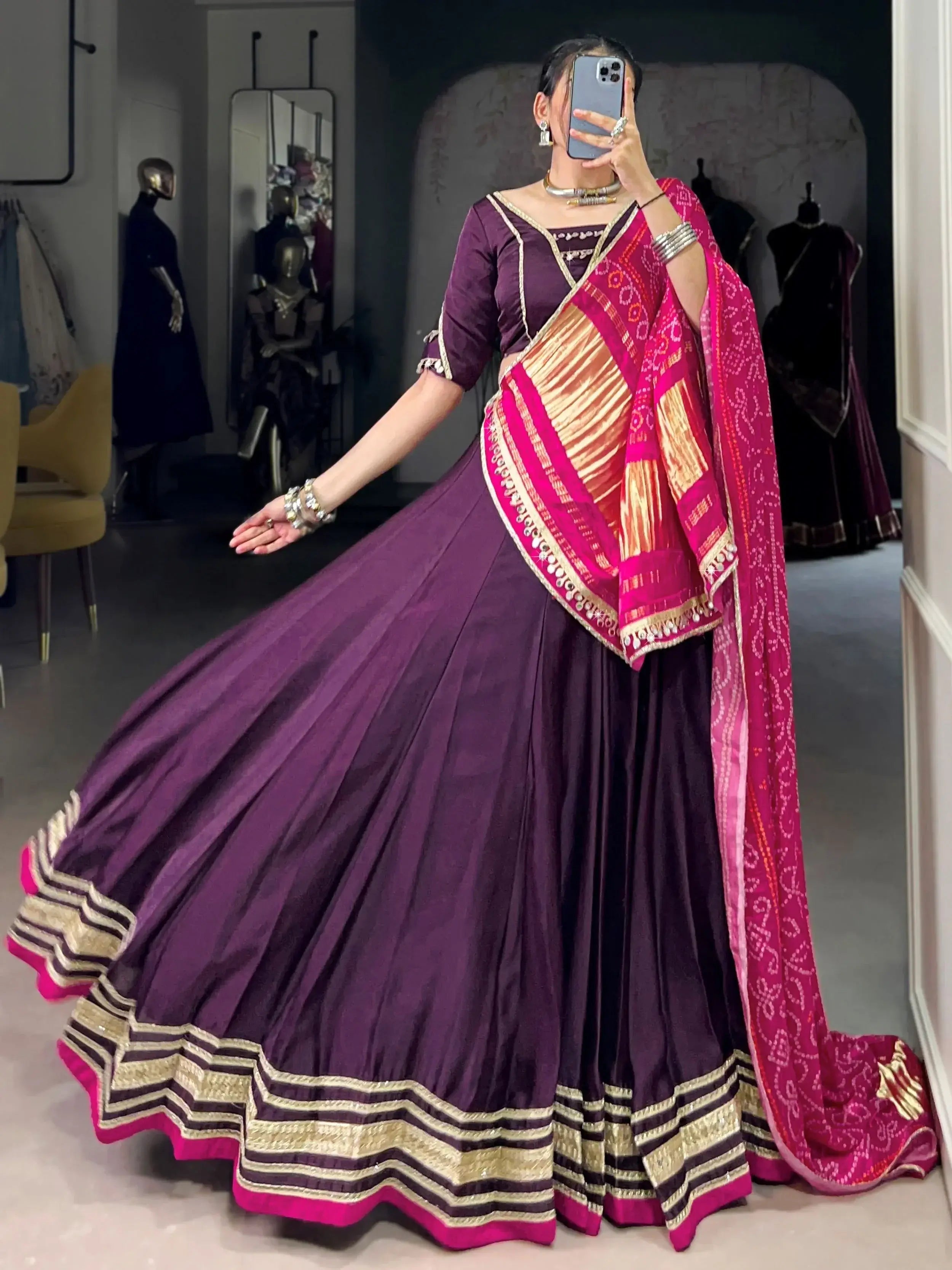 Purple georgette silk lace work lehenga choli with dupatta