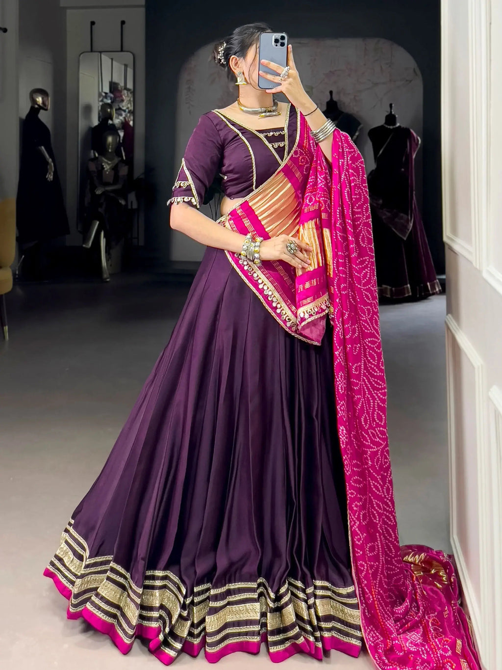 Purple georgette silk lace work lehenga choli with dupatta