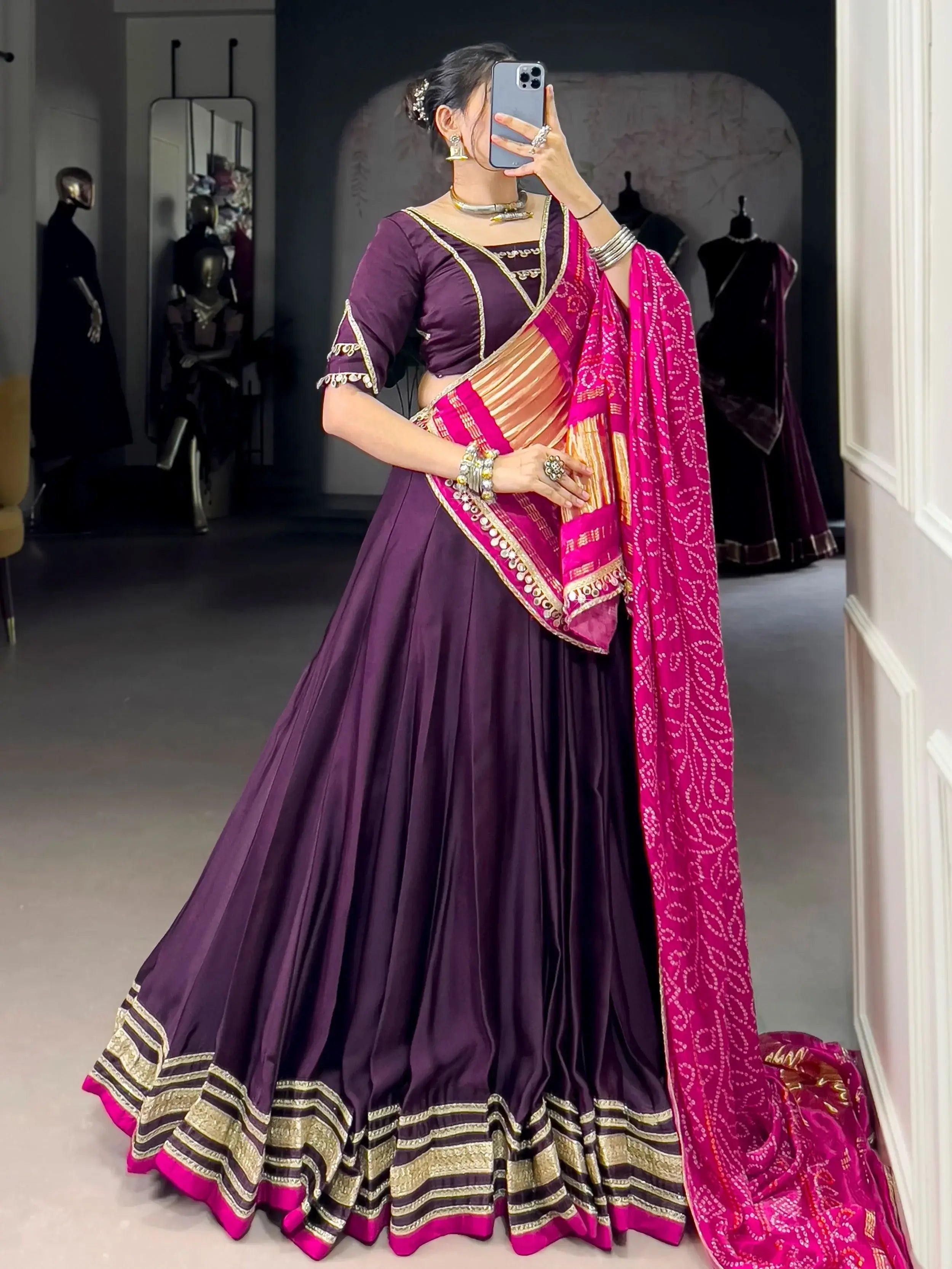 Purple georgette silk lace work lehenga choli with dupatta
