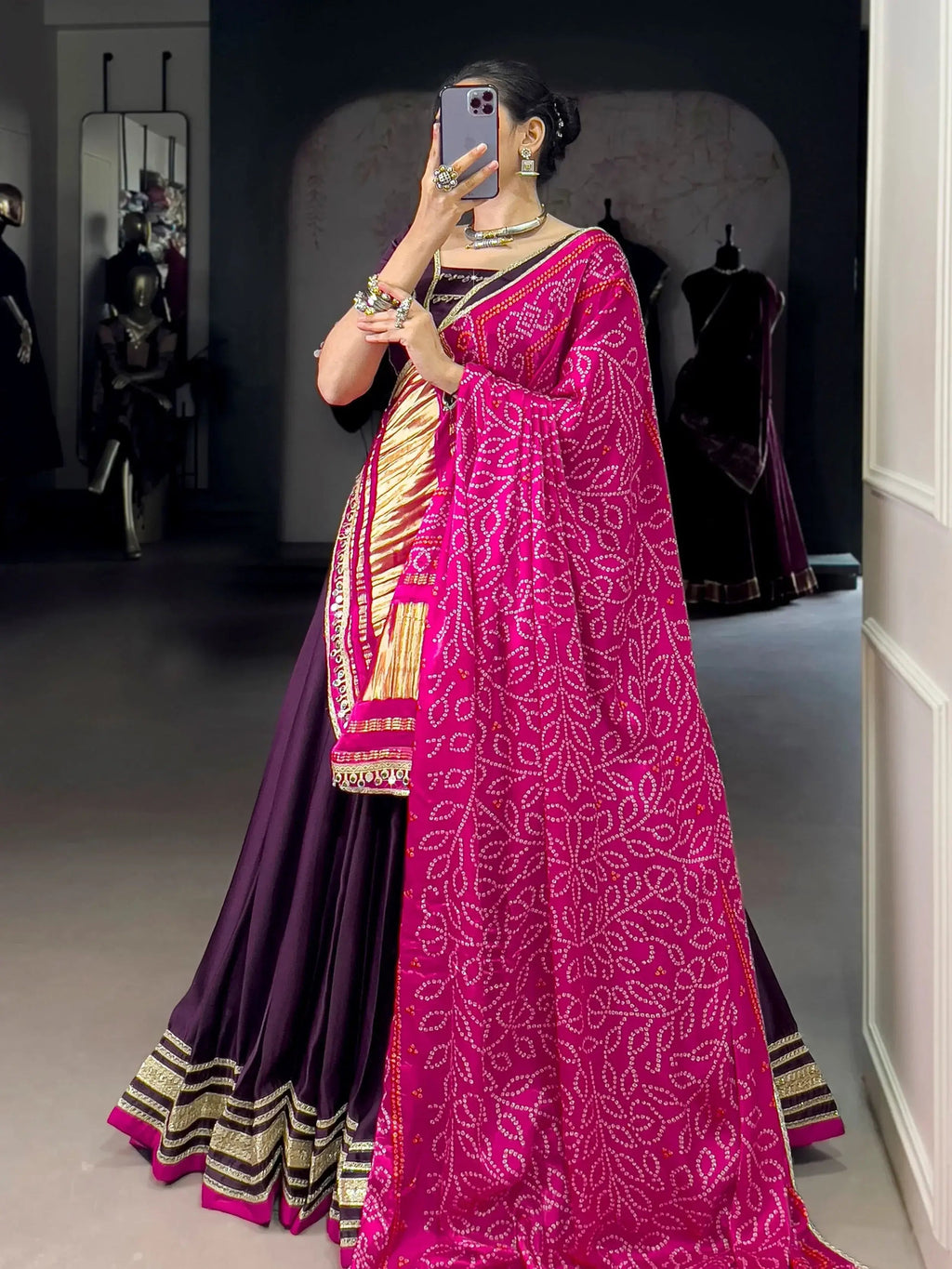 Purple georgette silk lace work lehenga choli with dupatta