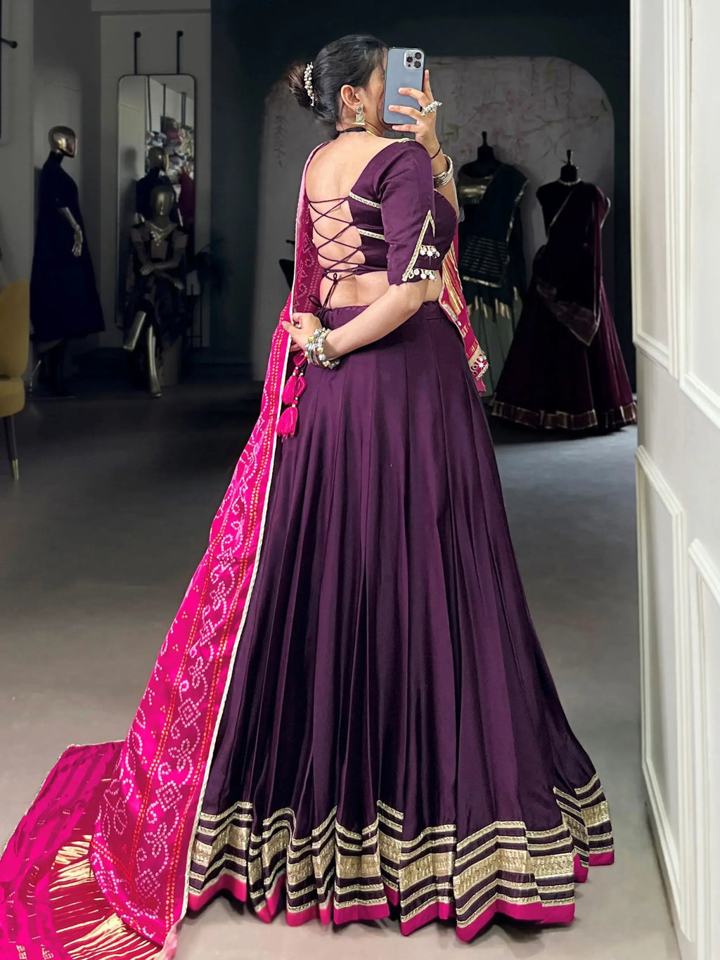 Purple georgette silk lace work lehenga choli with dupatta