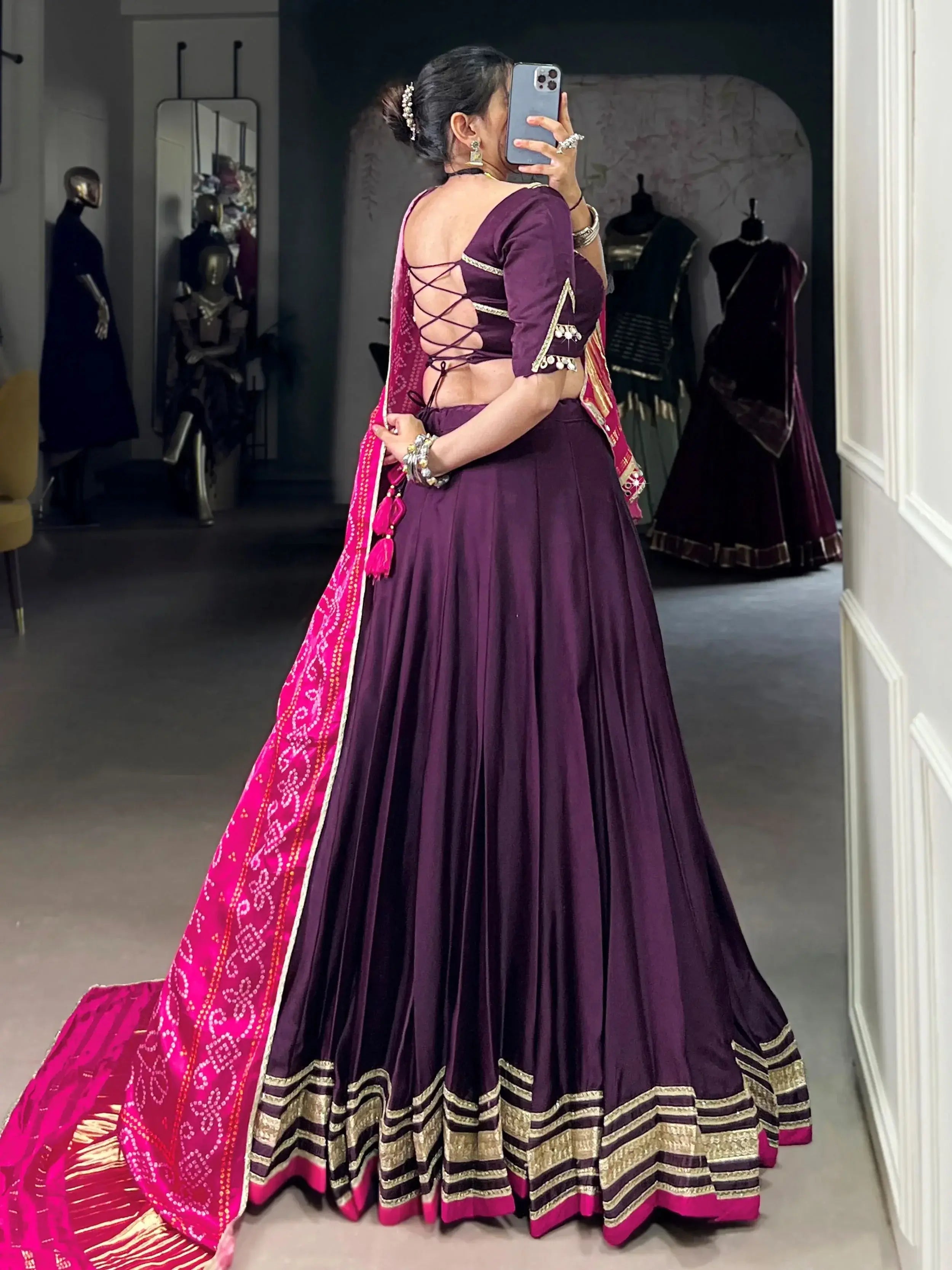 Purple georgette silk lace work lehenga choli with dupatta