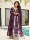 Purple georgette gown with zari and sequins embroidery and dupatta