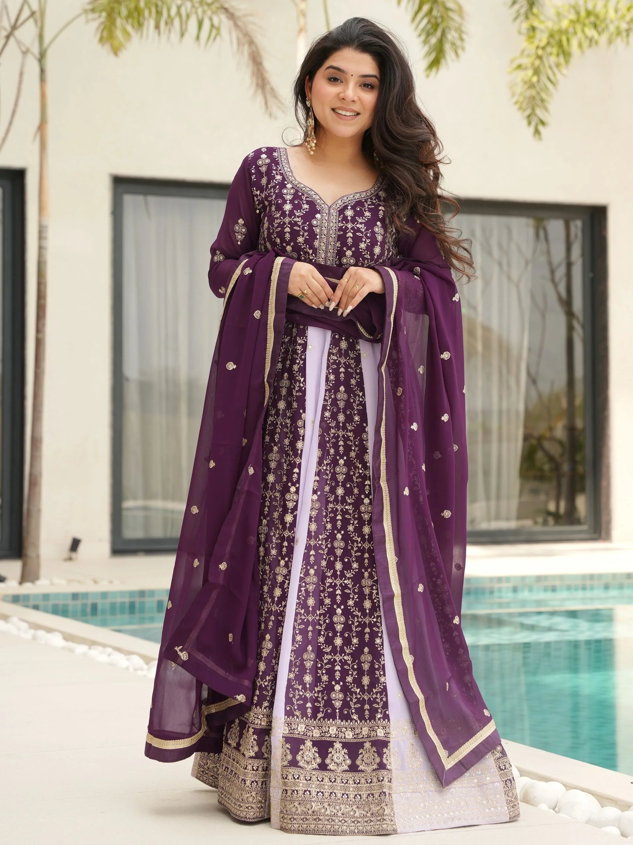 Purple georgette gown with zari and sequins embroidery and dupatta