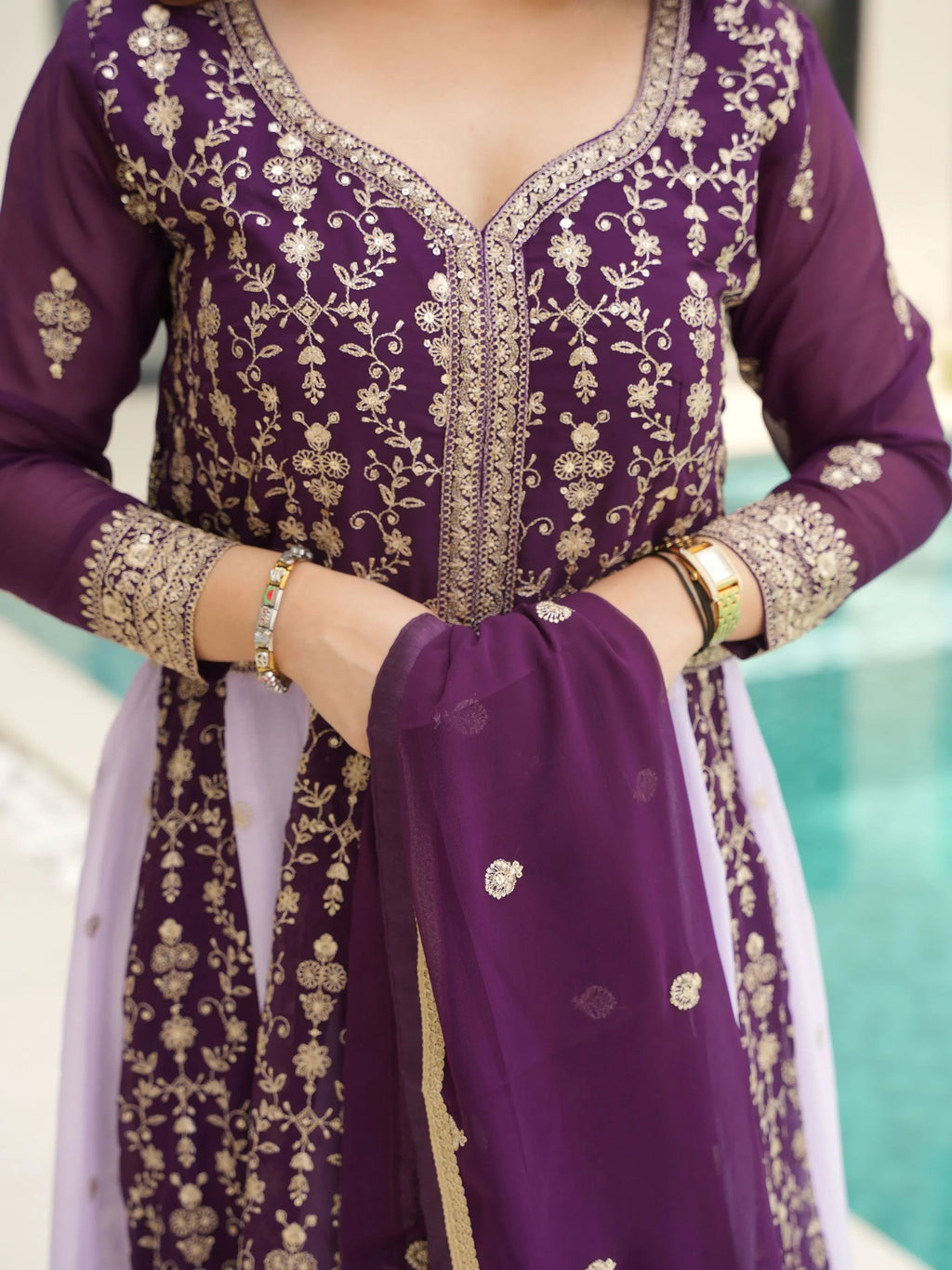 Purple georgette gown with zari and sequins embroidery and dupatta