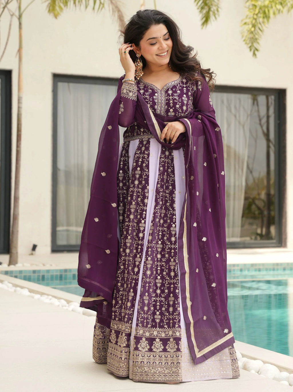 Purple georgette gown with zari and sequins embroidery and dupatta