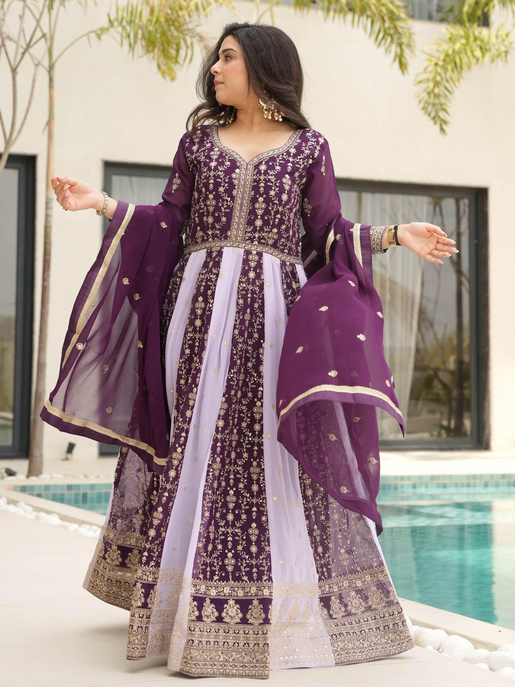 Purple georgette gown with zari and sequins embroidery and dupatta