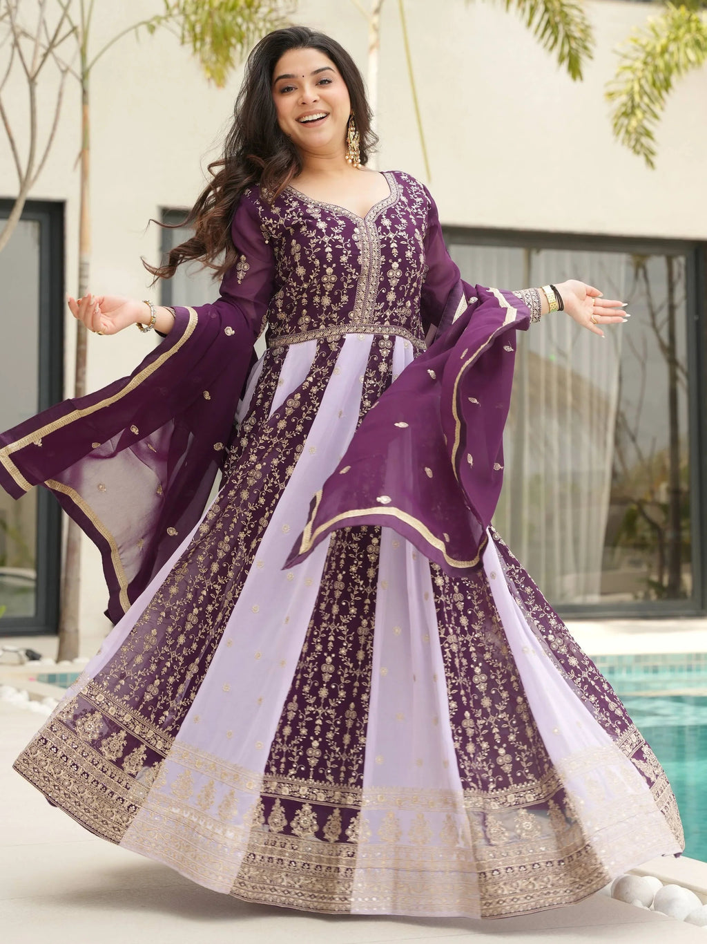 Purple georgette gown with zari and sequins embroidery and dupatta