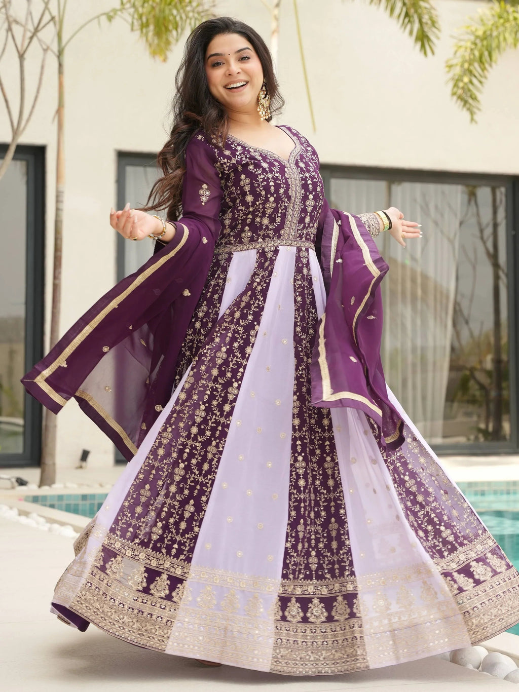 Purple georgette gown with zari and sequins embroidery and dupatta