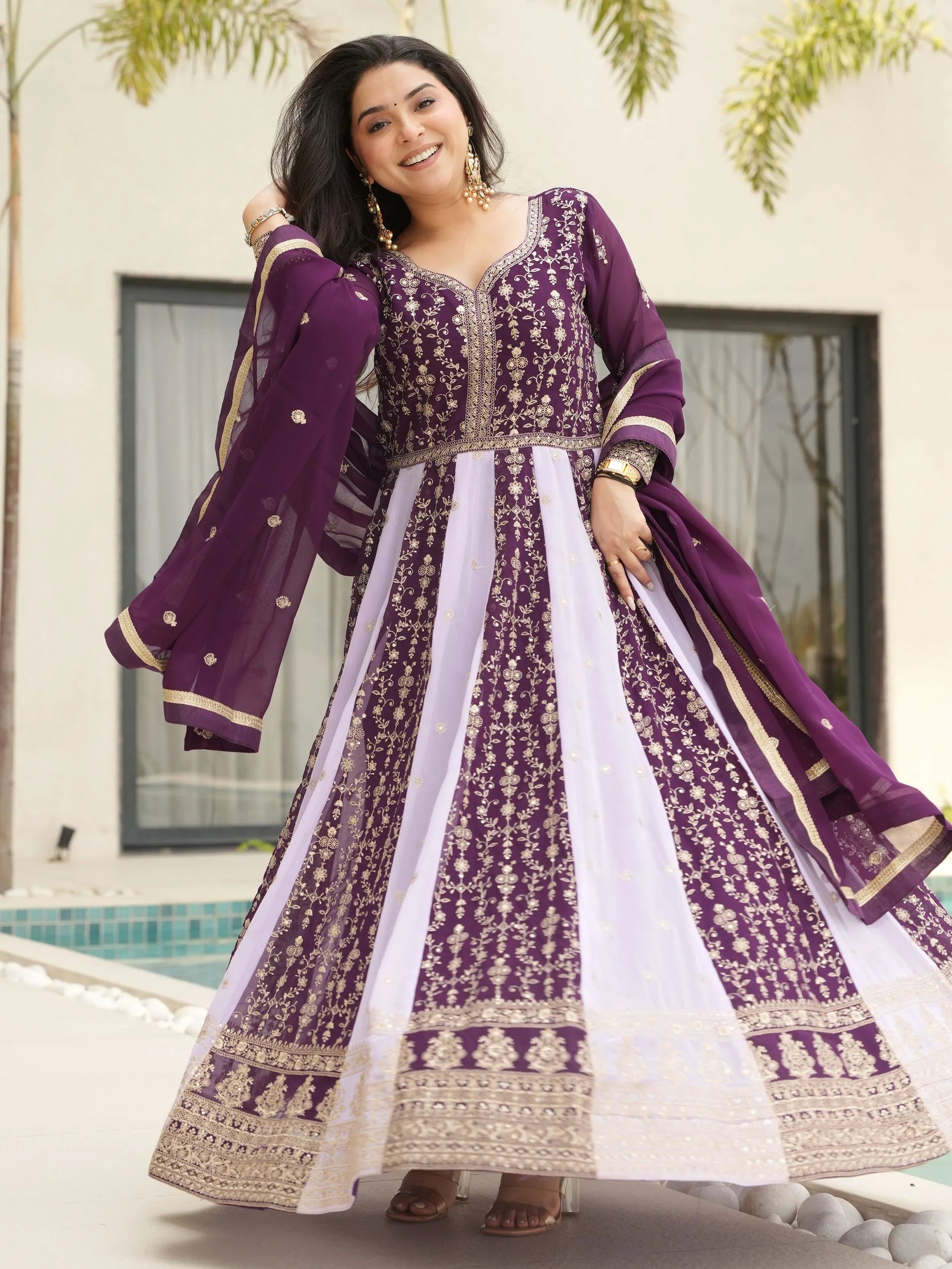 Purple georgette gown with zari and sequins embroidery and dupatta