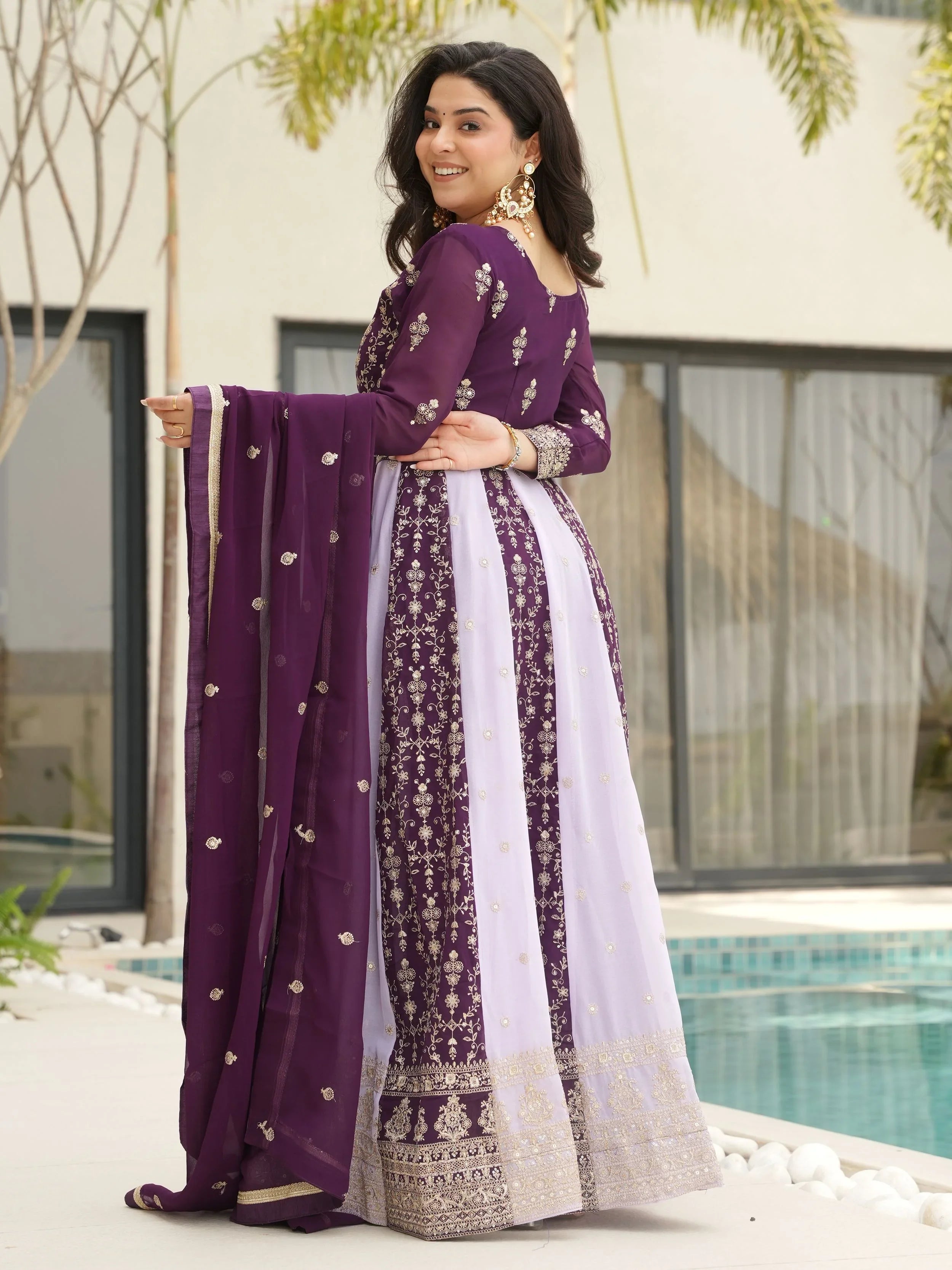 Purple georgette gown with zari and sequins embroidery and dupatta