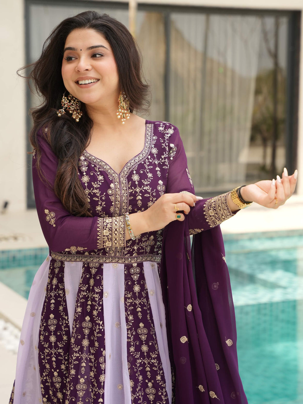 Purple georgette gown with zari and sequins embroidery and dupatta