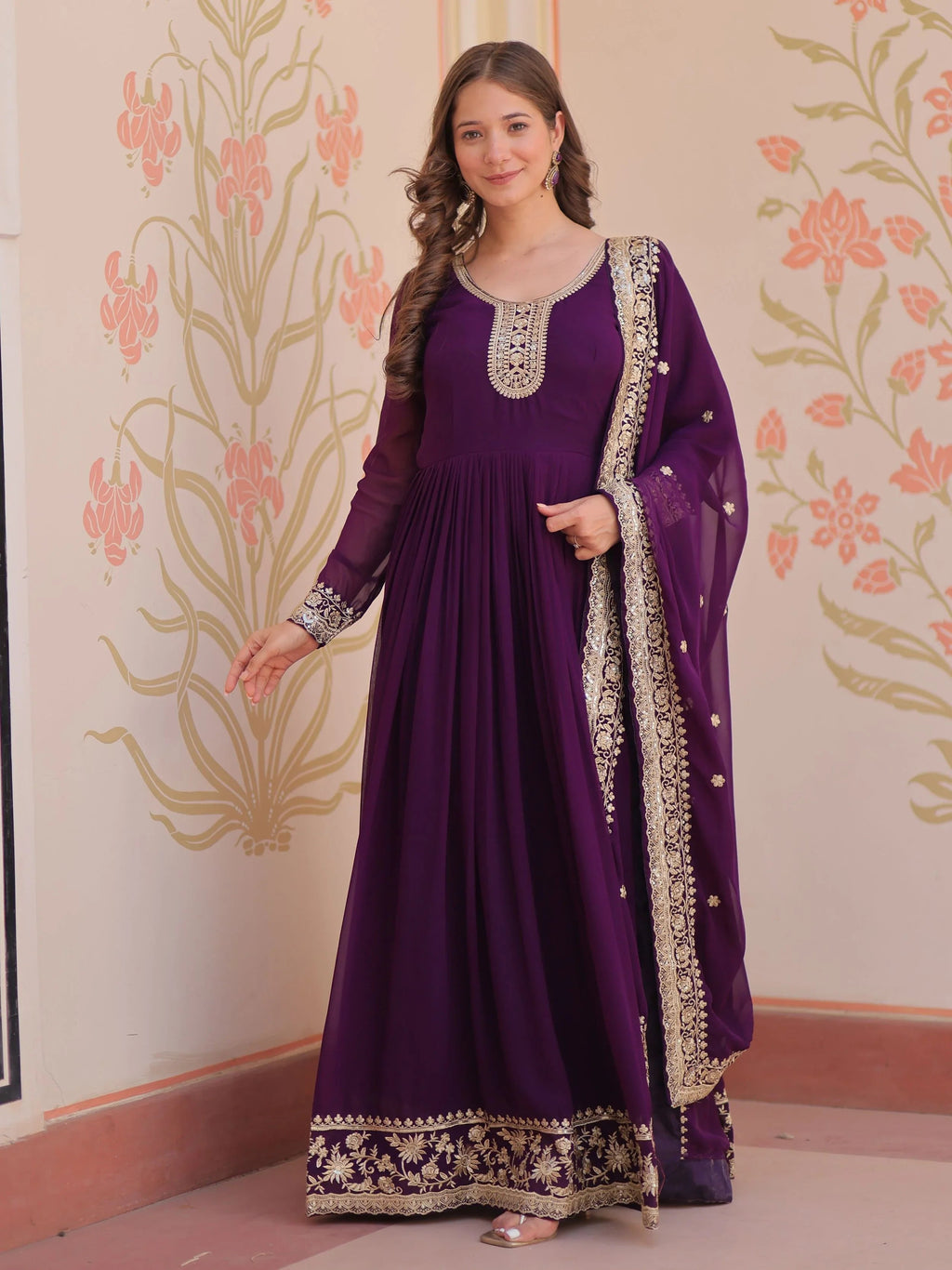 Purple georgette designer gown with zari and sequins embroidery and dupatta