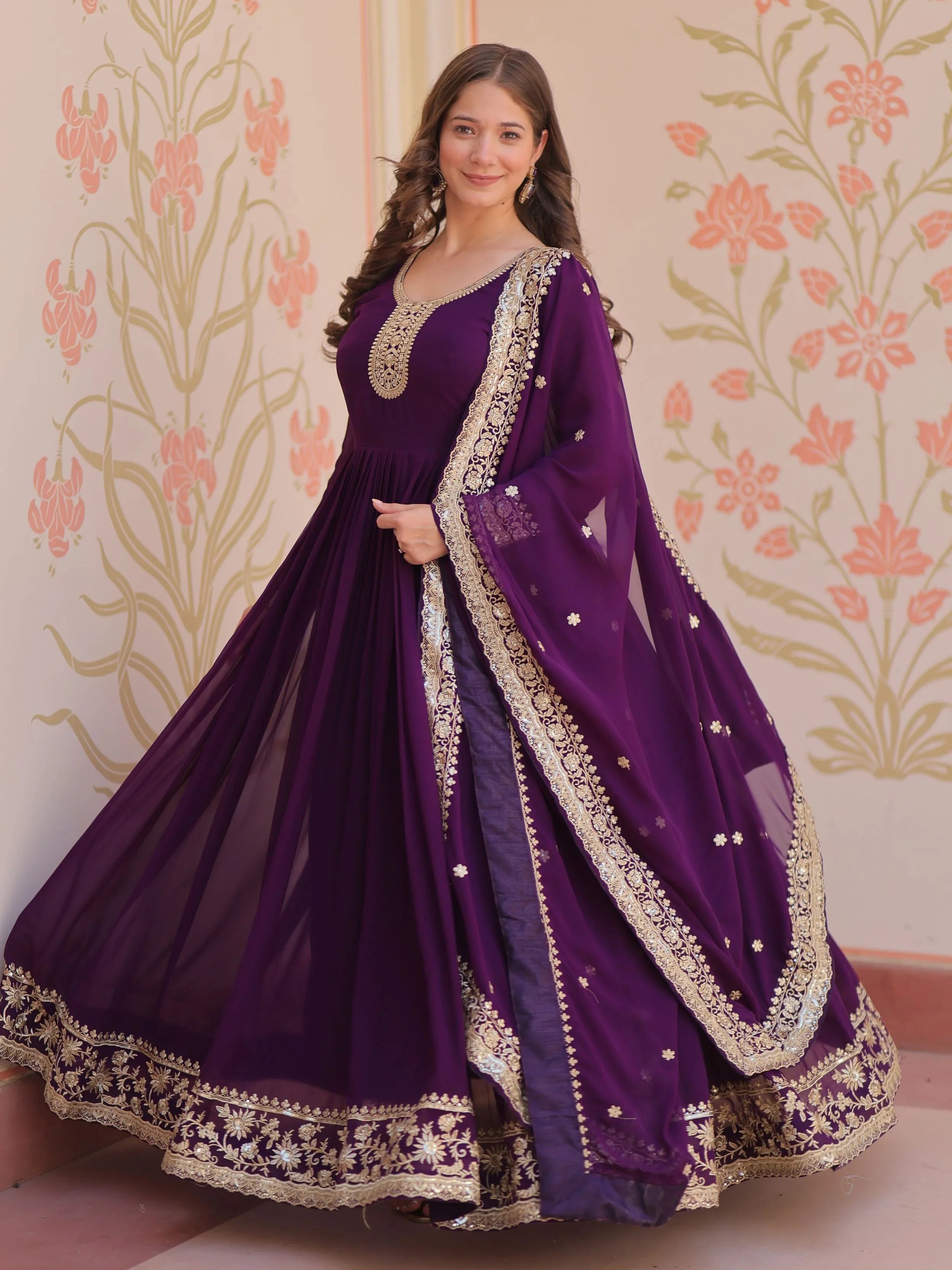 Purple georgette designer gown with zari and sequins embroidery and dupatta