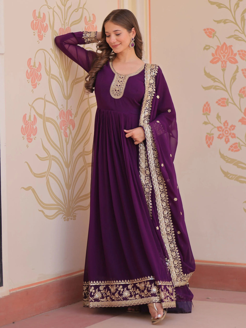 Purple georgette designer gown with zari and sequins embroidery and dupatta
