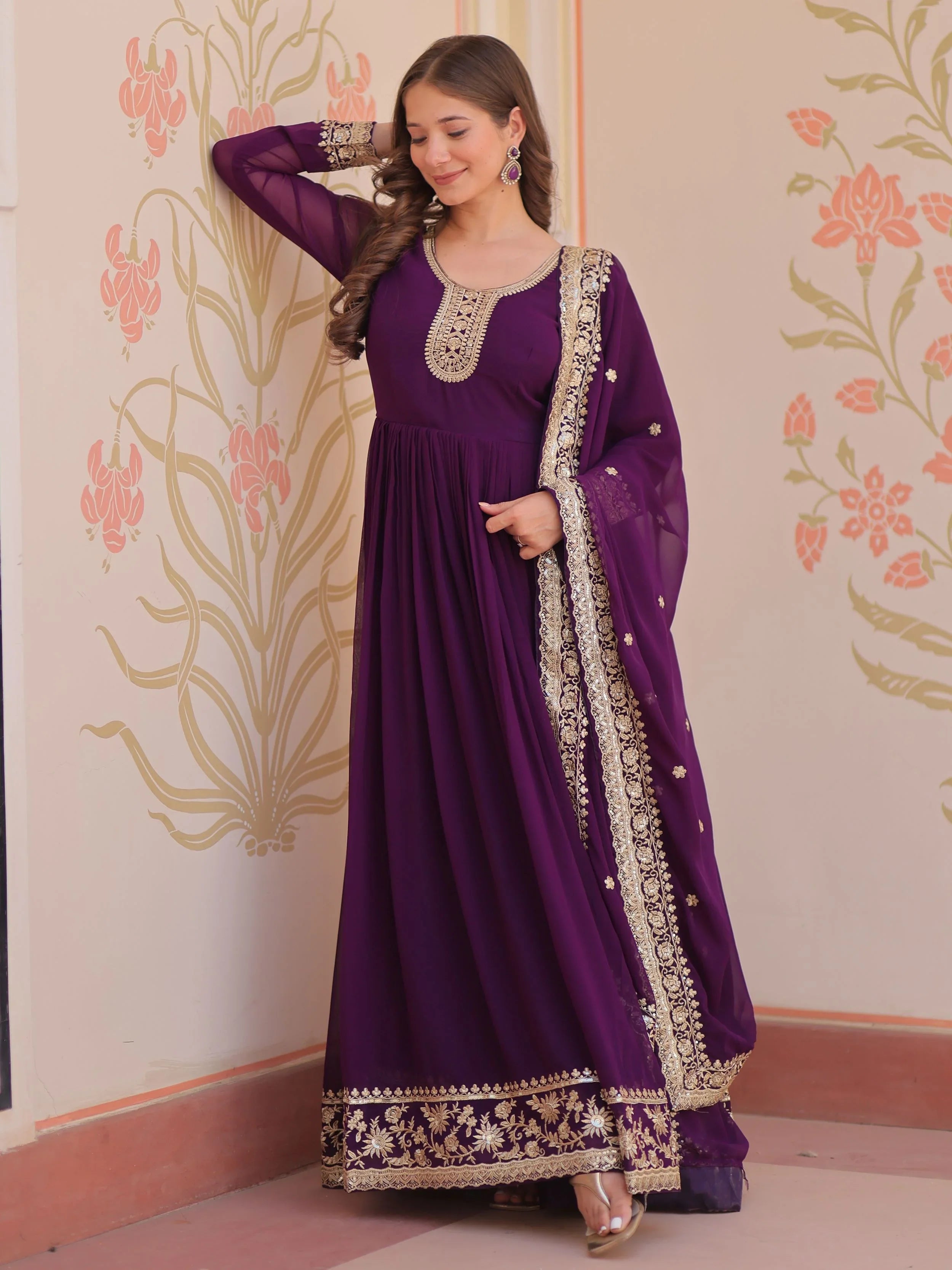 Purple georgette designer gown with zari and sequins embroidery and dupatta