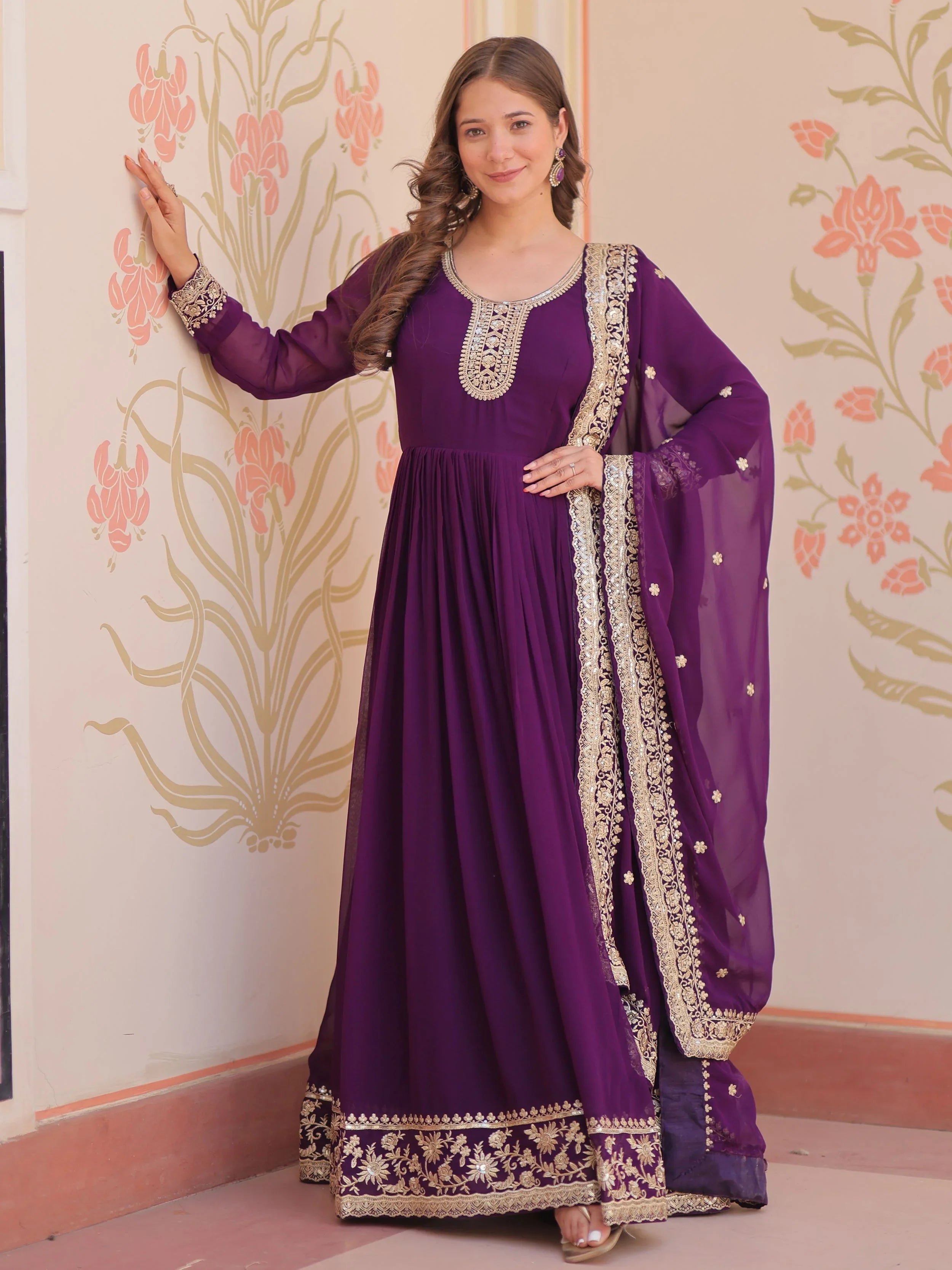 Purple georgette designer gown with zari and sequins embroidery and dupatta