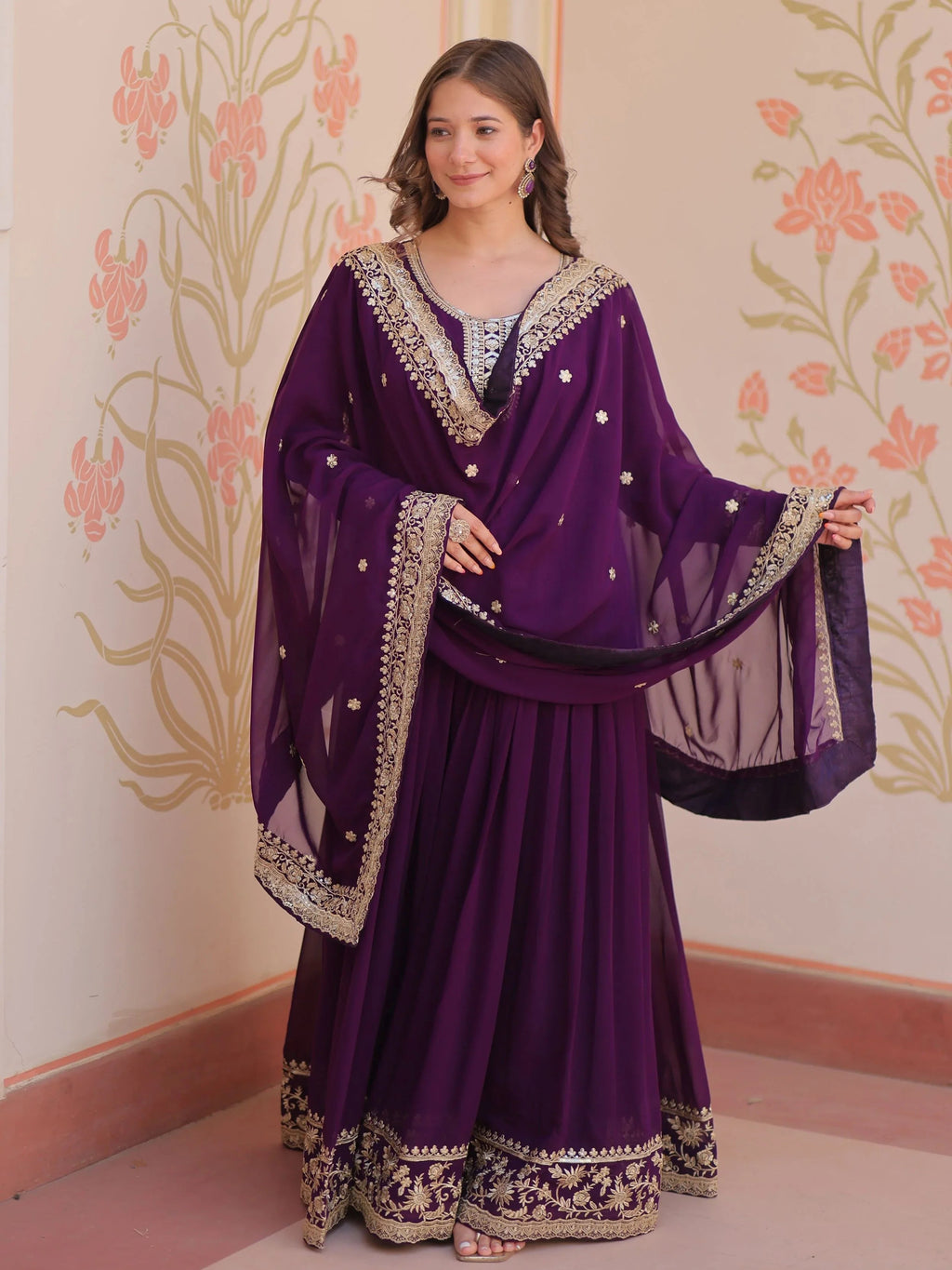 Purple georgette designer gown with zari and sequins embroidery and dupatta