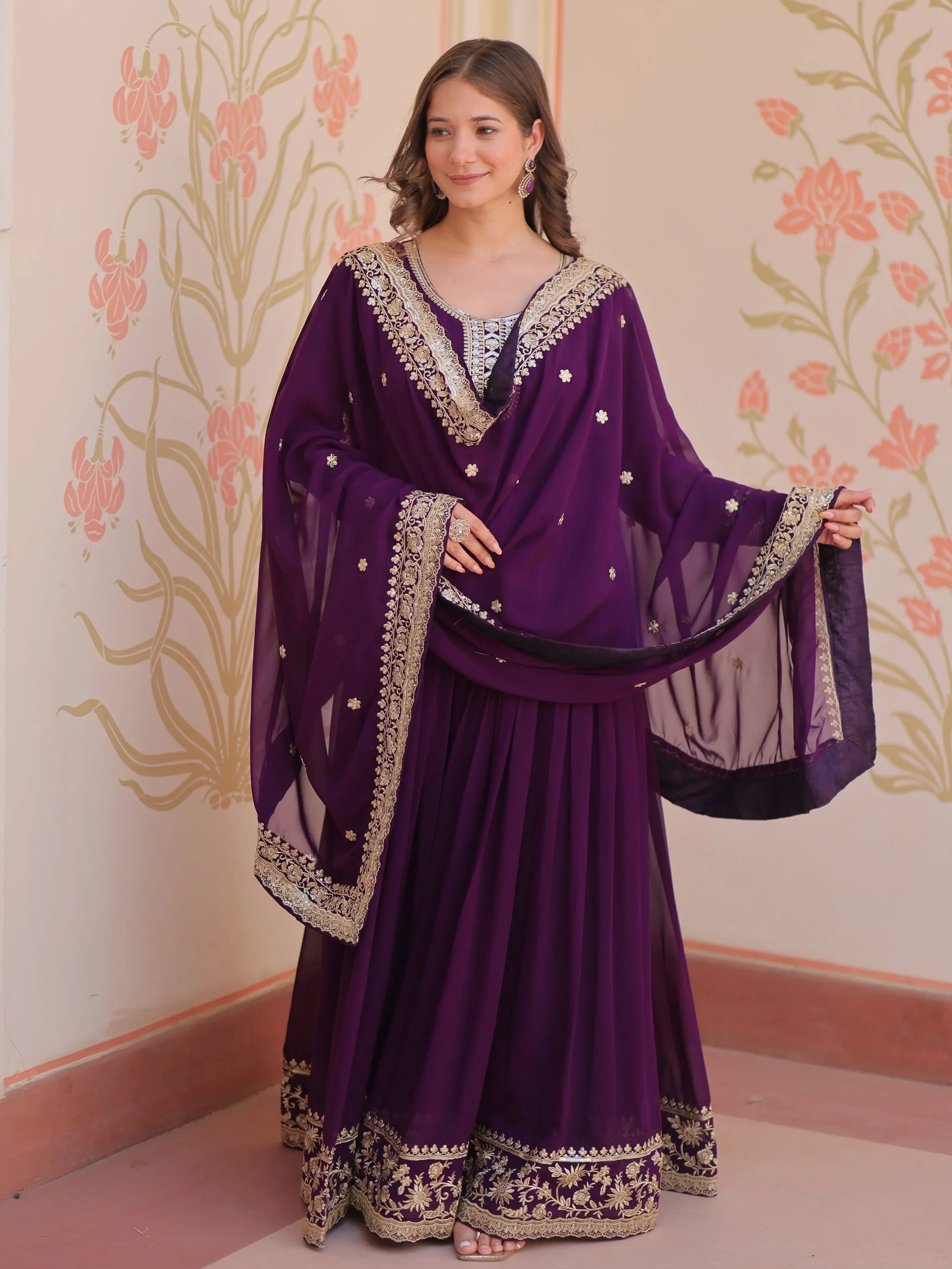 Purple georgette designer gown with zari and sequins embroidery and dupatta